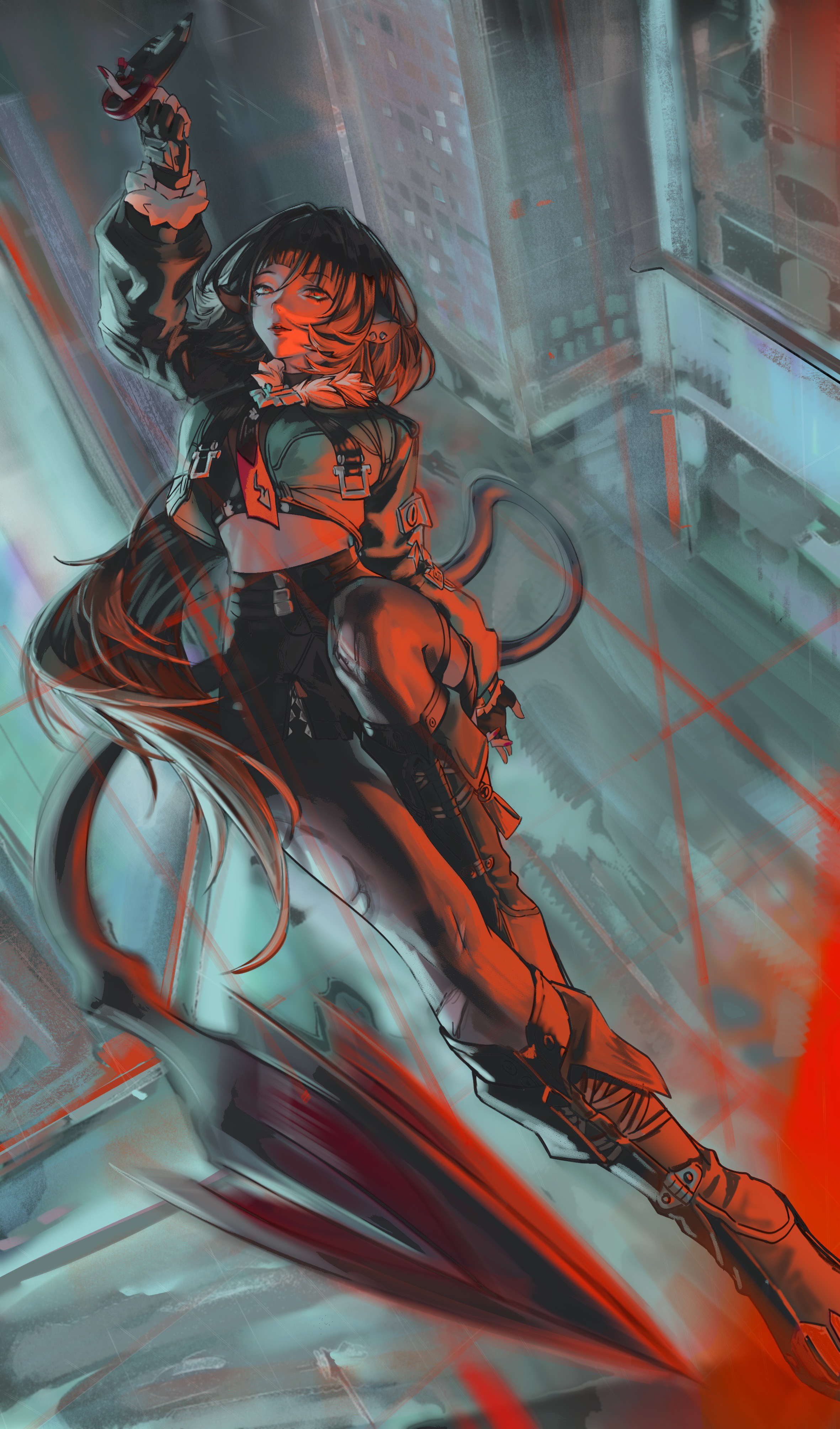 jane doe (zenless zone zero), zenless zone zero, absurdres, highres, 1girl, alone86629, animal ears, arms up, black hair, black shorts, boots, building, ear piercing, earrings, falling, fingerless gloves, fur-trimmed jacket, fur trim, garter straps, gloves, high-waist shorts, holding, holding knife, jacket, jewelry, knife, long hair, long tail, looking at viewer, mouse ears, mouse girl, mouse tail, necktie, open mouth, pantyhose, piercing, red light, red nails, sharp tail, shorts, single garter strap, single leg pantyhose, single thighhigh, solo, spinning weapon, tail, thighhighs, torn clothes, torn pantyhose, torn thighhighs, two-tone necktie