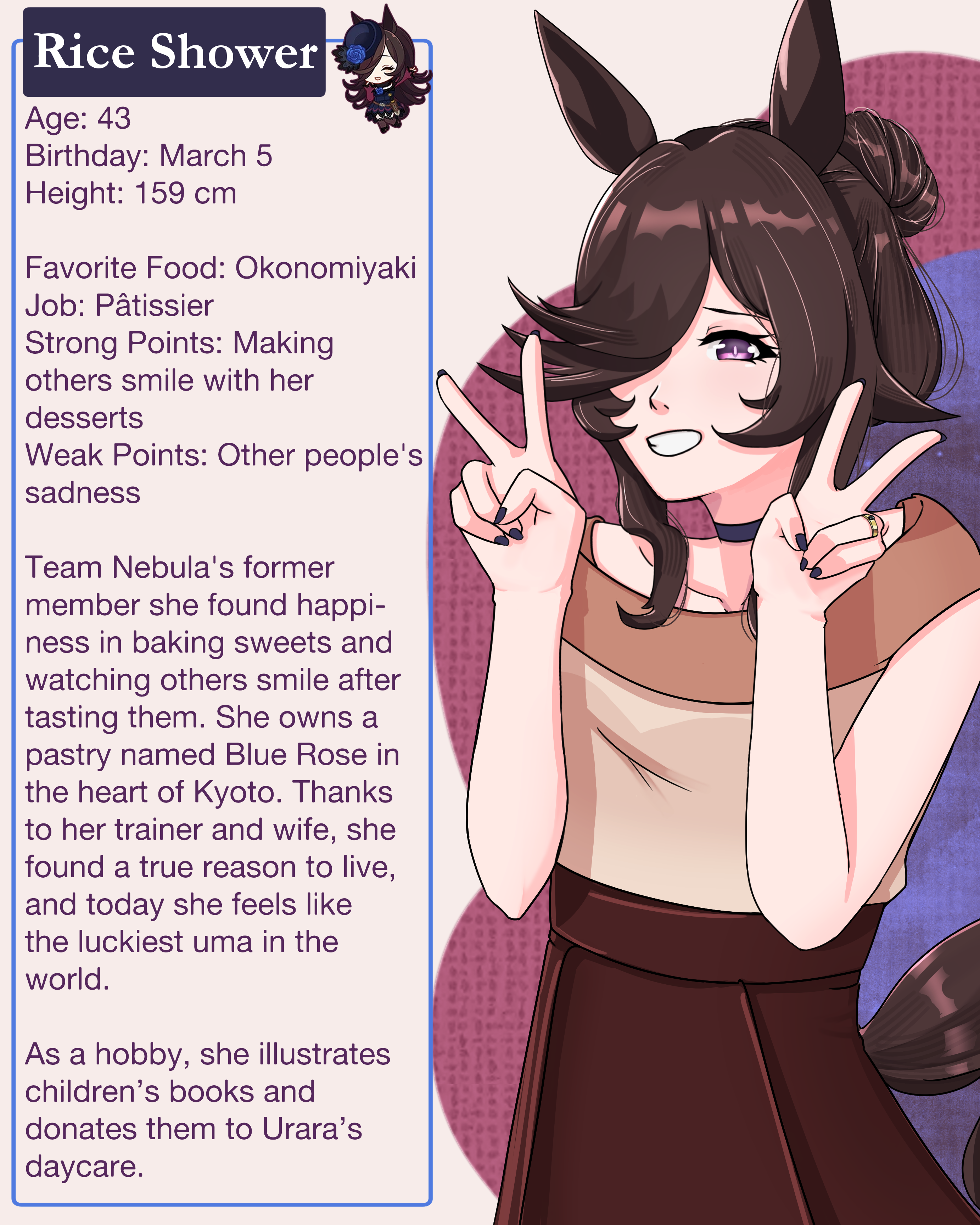 rice shower (umamusume), umamusume, absurdres, commentary, english commentary, highres, 1girl, aged up, alternate costume, alternate universe, animal ears, black nails, brown hair, brown skirt, character name, chibi, hair bun, hairband, horse ears, horse girl, horse tail, jewelry, official art inset, prefacegrim, profile, purple eyes, ring, skirt, sleeveless, sleeveless sweater, smile, sweater, tail, v, wedding ring
