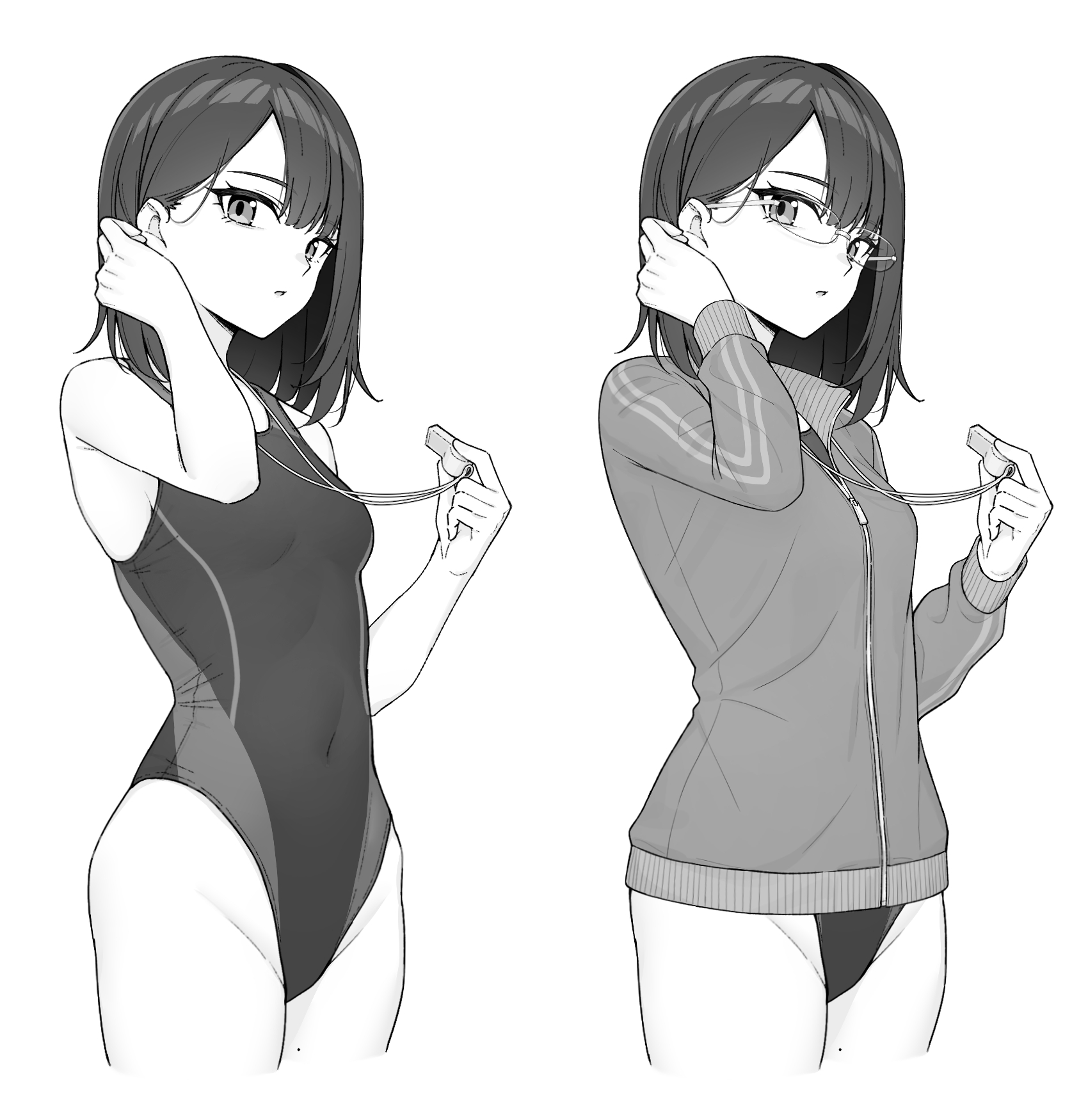 ochiai miyabi, original, highres, 1girl, adjusting hair, bare shoulders, breasts, competition swimsuit, covered navel, cropped legs, glasses, greyscale, holding, holding whistle, jacket, long sleeves, looking at viewer, monochrome, multiple views, one-piece swimsuit, parted lips, short hair, simple background, small breasts, swimsuit, swimsuit under clothes, track jacket, whistle, whistle around neck, white background, zipper
