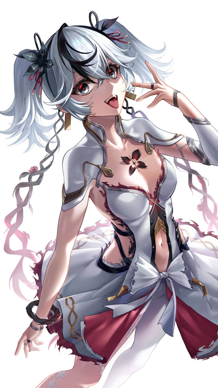 jihua tong (miyoushe 74564856), camellya (wuthering waves), wuthering waves, chinese commentary, commentary request, highres, 1girl, black eyes, black flower, blake bloom (wuthering waves), breasts, clothing cutout, collarbone, crazy smile, dress, earrings, feet out of frame, flower, gold earrings, hair between eyes, hair flower, hair intakes, hair ornament, hand up, jewelry, looking at viewer, medium breasts, navel, open mouth, pantyhose, red pupils, short hair, short twintails, simple background, single leg pantyhose, smile, solo, stomach cutout, tacet mark (wuthering waves), tongue, tongue out, twintails, white background, white dress, white pantyhose, wide-eyed
