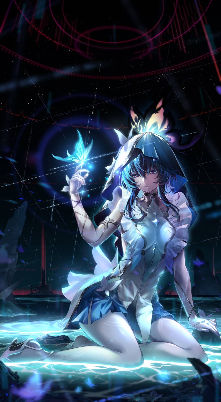 jihua tong (miyoushe 74564856), shorekeeper (wuthering waves), wuthering waves, chinese commentary, commentary request, highres, 1girl, arm support, armlet, bare legs, bare shoulders, blue butterfly, blue dress, blue hair, blue veil, breasts, bug, butterfly, butterfly on hand, dress, full body, hair between eyes, heel-less heels, insect, jewelry, long hair, medium breasts, sitting, sleeveless, sleeveless dress, solo, two-tone veil, veil, white veil