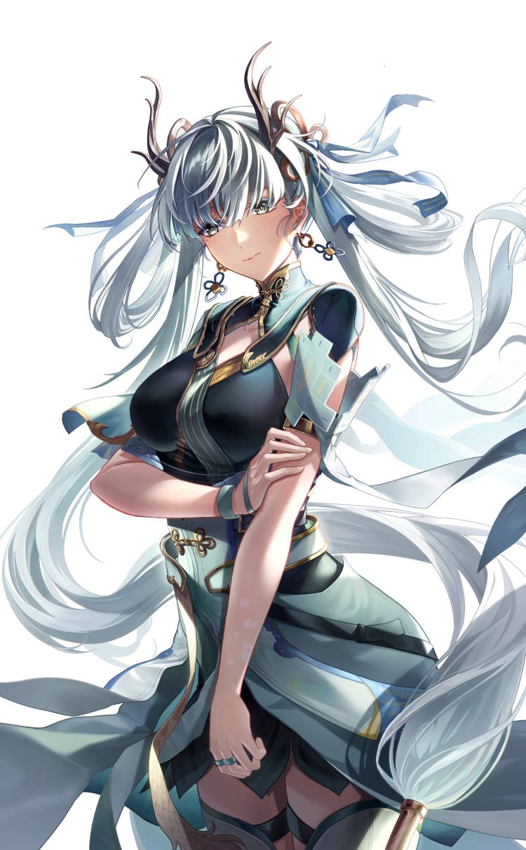 jihua tong (miyoushe 74564856), jinhsi (wuthering waves), wuthering waves, chinese commentary, commentary request, highres, 1girl, black collar, black dress, breasts, closed mouth, coat, collar, cowboy shot, dress, earrings, eastern dragon horns, hair ribbon, hair rings, holding own arm, jewelry, long hair, looking at viewer, low twintails, medium breasts, ribbon, simple background, solo, thighs, twintails, very long hair, white background, white coat, white eyes, white ribbon