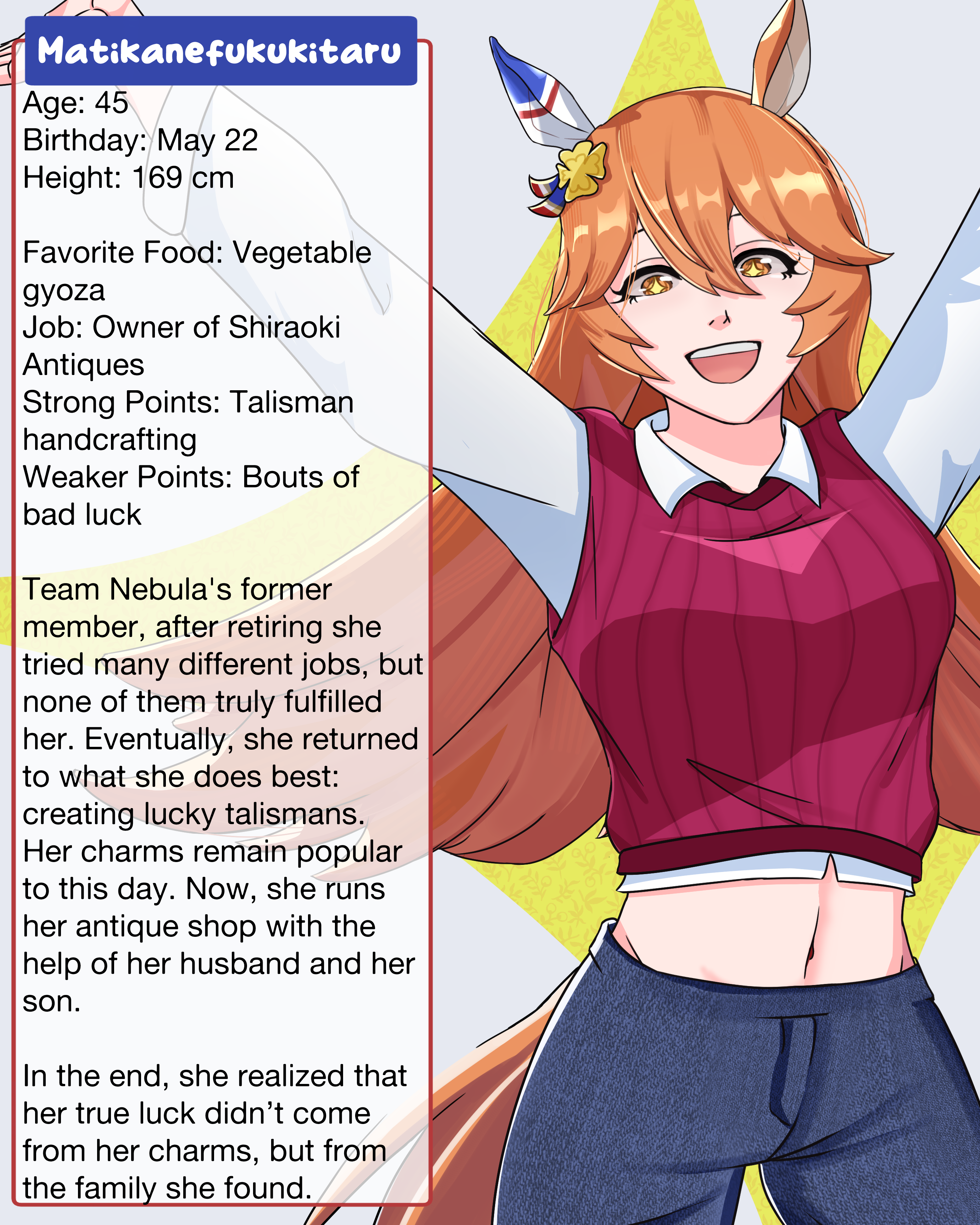matikanefukukitaru (umamusume), umamusume, absurdres, commentary, english commentary, highres, 1girl, :d, aged up, alternate costume, alternate universe, animal ears, character profile, clover hair ornament, denim, ear covers, four-leaf clover hair ornament, hair ornament, hair ribbon, horse ears, horse girl, horse tail, jeans, jewelry, midriff peek, official art inset, open mouth, orange eyes, orange hair, pants, prefacegrim, red sweater vest, ribbon, single ear cover, smile, star (symbol), star in eye, sweater vest, symbol in eye, tail, white sleeves