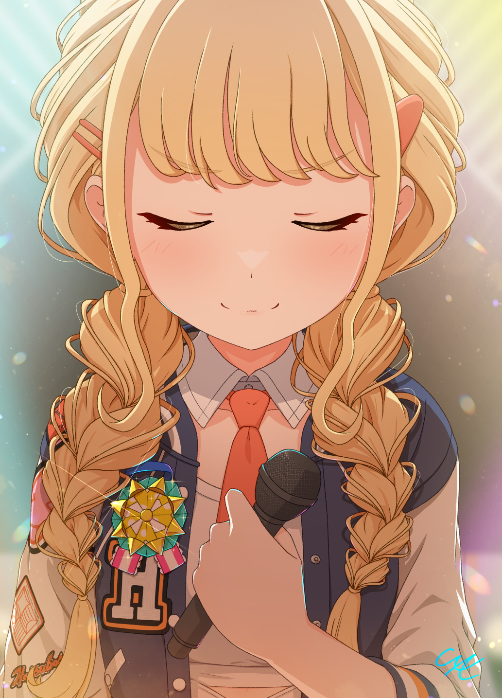 cxe, fujita kotone, gakuen idolmaster, idolmaster, braided twintails, commentary request, highres, 1girl, blonde hair, blue jacket, blurry, blurry background, braid, campus mode!! (idolmaster), closed eyes, closed mouth, collar, depth of field, detached collar, hair ornament, hairclip, hand up, holding, holding microphone, jacket, letterman jacket, light blush, long hair, low twintails, microphone, midriff peek, multicolored jacket, necktie, red necktie, shirt, sidelocks, smile, solo, stage, stage lights, swept bangs, twintails, upper body, white collar, white jacket, white shirt