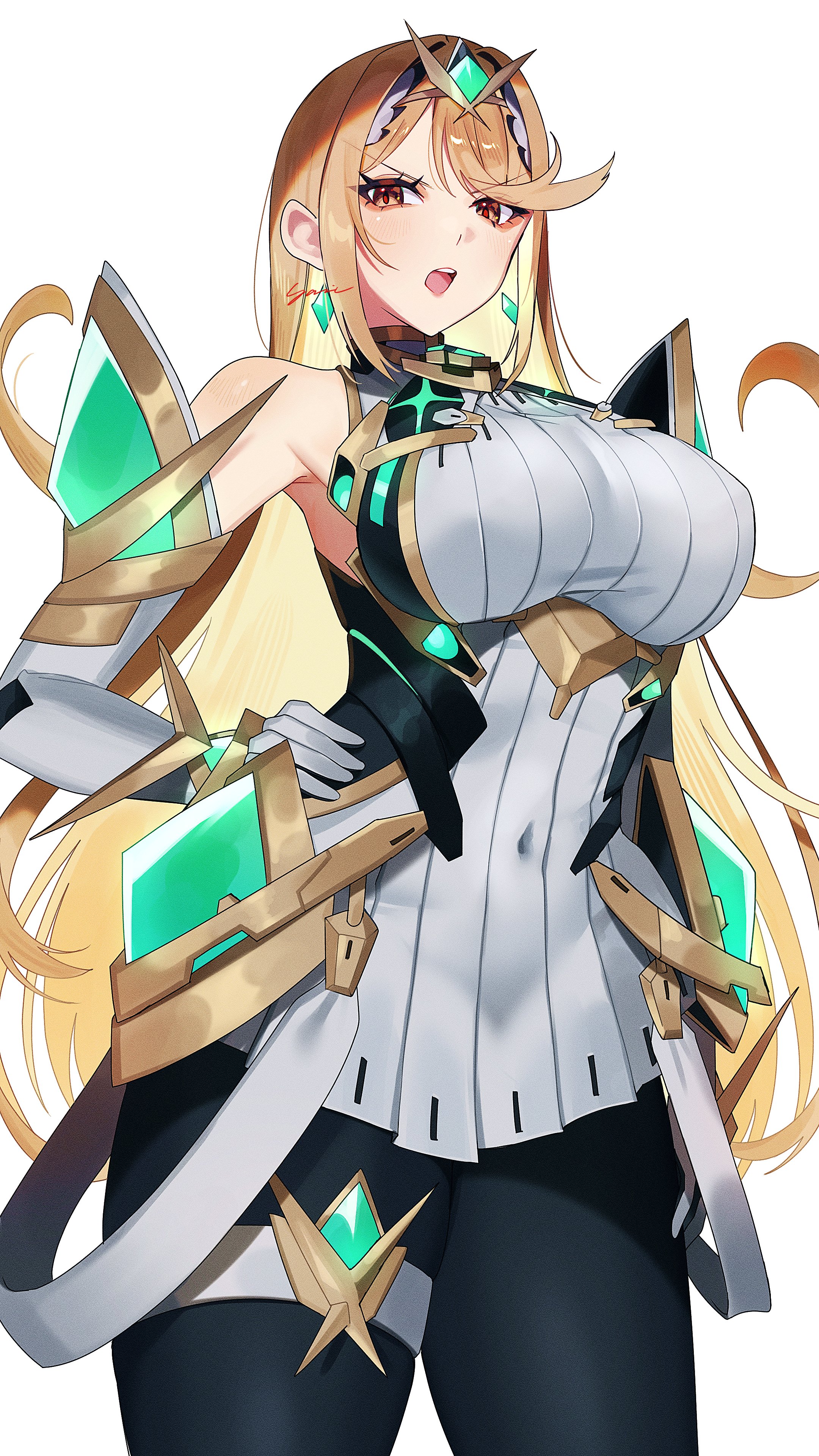 yasaikakiage, mythra (massive melee) (xenoblade), mythra (xenoblade), xenoblade chronicles (series), xenoblade chronicles 2, absurdres, highres, 1girl, arm guards, bare shoulders, black pantyhose, blonde hair, breasts, chest jewel, dress, earrings, elbow gloves, floating earrings, gloves, hand on own hip, jewelry, large breasts, long hair, microdress, neon trim, open mouth, pantyhose, solo, suspenders, swept bangs, teeth, thigh strap, tiara, upper teeth only, v-shaped eyebrows, very long hair, white dress, white gloves, yellow eyes