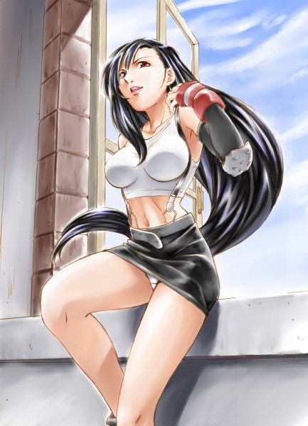 tifa lockhart, final fantasy, final fantasy vii, 1990s (style), 1girl, abs, black hair, breasts, elbow gloves, female focus, fingerless gloves, gloves, large breasts, long hair, midriff, miniskirt, muscular, panties, pencil skirt, retro artstyle, skirt, solo, suspender skirt, suspenders, tank top, underwear, white panties, window