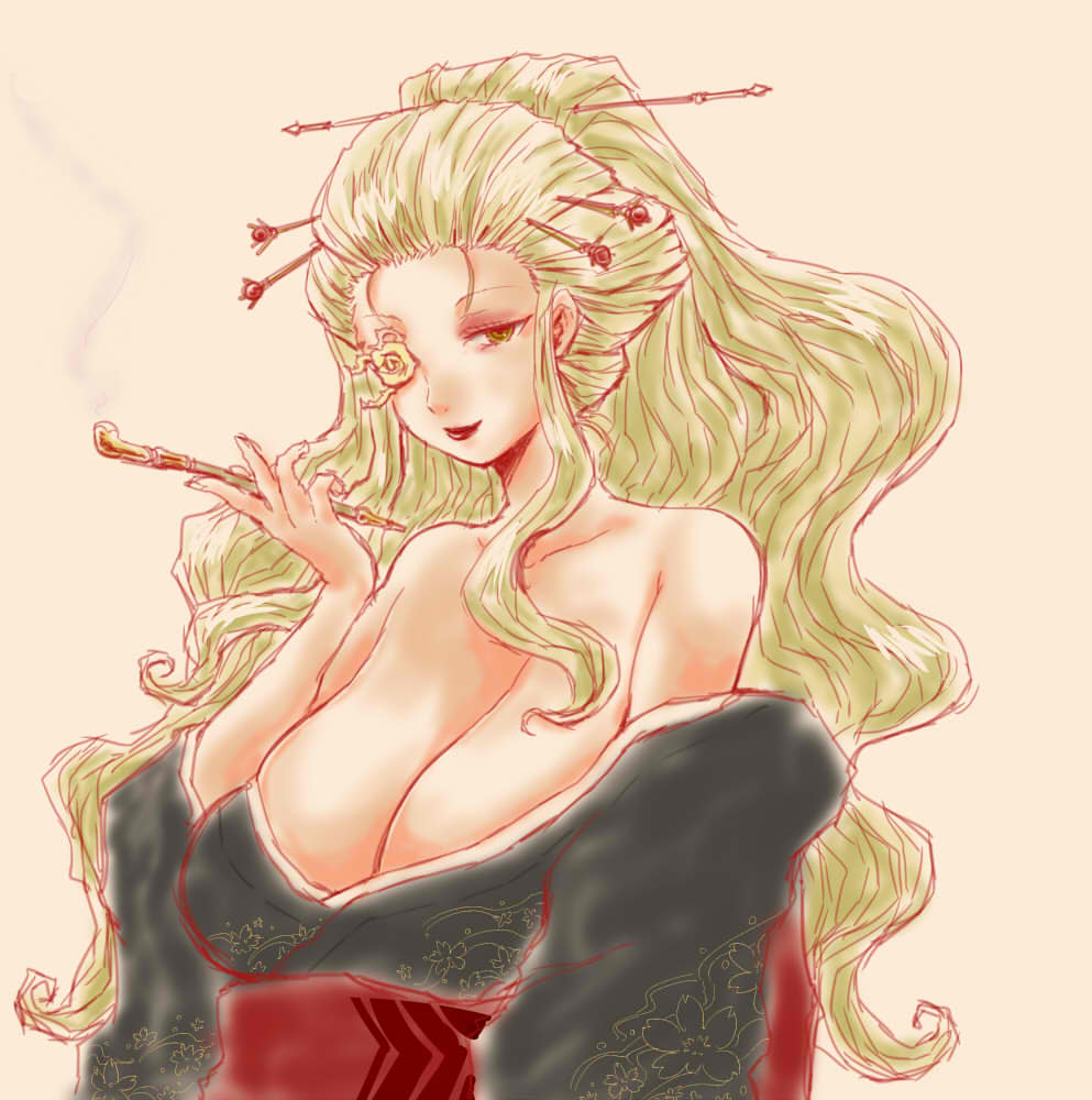 itini-sanshi, kirakishou, rozen maiden, commentary request, 1girl, alternate breast size (larger), alternate costume, alternate hairstyle, black kimono, black lips, blonde hair, breasts, cleavage, closed mouth, flower, flower over eye, hair ornament, hair stick, holding, holding smoking pipe, japanese clothes, kimono, kiseru, large breasts, long hair, looking at viewer, off shoulder, smile, smoking pipe, solo, upper body, very long hair, wavy hair, yellow eyes