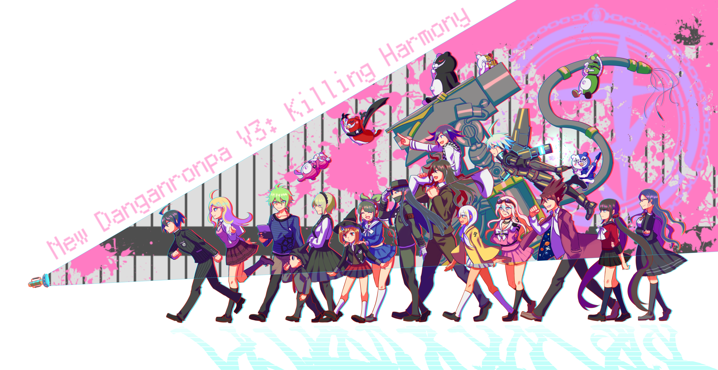 fuchiyoru (shirokutsu), akamatsu kaede, amami rantaro, chabashira tenko, gokuhara gonta, harukawa maki, hoshi ryoma, iruma miu, k1-b0, momota kaito, monodam, monokid, monokuma, monophanie, monosuke, monotaro (danganronpa), oma kokichi, saihara shuichi, shinguji korekiyo, shirogane tsumugi, tojo kirumi, yonaga angie, yumeno himiko, danganronpa (series), danganronpa v3: killing harmony, commentary request, highres, 6+boys, 6+girls, ^ ^, absurdly long hair, ahoge, android, antenna hair, arm belt, arm under breasts, armband, backpack, bag, bandaged hand, bandages, beanie, bear, belt, black-framed eyewear, black choker, black corset, black dress, black eyes, black gloves, black hair, black hairband, black hat, black jacket, black pants, black pantyhose, black sailor collar, black scarf, black shoes, black skirt, black socks, blazer, blonde hair, blood, blood splatter, blue eyes, blue gemstone, blue hair, blue serafuku, blue shirt, blue skirt, blunt bangs, bow, bowtie, breast pocket, breasts, brown-framed eyewear, brown hair, brown pants, brown shoes, brown skirt, brown suit, brown vest, bug cage, business suit, checkered clothes, checkered scarf, choker, clenched hand, closed eyes, closed mouth, coat, coat partially removed, collared coat, collared jacket, collared shirt, copyright name, corset, crest, crossed arms, dark-skinned female, dark skin, determined, dress, dress shoes, everyone, exisal, eyes visible through hair, facial hair, fake horns, fingerless gloves, floating clothes, flying, formal clothes, fortissimo, frilled skirt, frills, from side, gakuran, gem, gem hair ornament, glasses, gloves, goatee, goggles, goggles on head, green bow, green eyes, green hair, green hat, green jacket, green pants, grey hair, grey jacket, grey pants, grey skirt, hair between eyes, hair bow, hair ornament, hair over one eye, hair over shoulder, hair ribbon, hair scrunchie, hairband, hairclip, hand in own hair, hand on headwear, hand on own elbow, hands on another's shoulders, happy, hat, hat belt, height difference, high collar, horned headwear, horns, iron bars, jacket, jewelry, knee up, kneehighs, knees, lace-trimmed hairband, lace trim, lapels, layered sleeves, leaning forward, leg up, long hair, long hair between eyes, long sidelocks, long sleeves, low twintails, mecha, medium skirt, messy hair, midriff, miniskirt, mole, mole under eye, multiple belts, multiple boys, multiple girls, musical note, musical note hair ornament, musical note print, necktie, notched lapels, official alternate costume, open clothes, open jacket, orange necktie, own hands together, pants, pantyhose, peaked cap, pendant, pinafore dress, pink belt, pink blood, pink hairband, pink serafuku, pink shirt, pink skirt, pink vest, pinstripe jacket, pinstripe pants, pinstripe pattern, pleated dress, pleated skirt, pocket, pointing, pointing forward, print coat, print shirt, print skirt, purple coat, purple eyes, purple hair, purple necktie, purple skirt, raincoat, red armband, red eyes, red necktie, red scrunchie, red shirt, red skirt, revealing layer, ribbon, robot, round eyewear, sailor collar, scarf, school uniform, scrunchie, serafuku, shadow, shirt, shoes, short hair, short male, sidelocks, sitting on shoulder, skirt, skirt set, sleeve cuffs, sleeveless, sleeveless dress, smile, socks, space print, spiked hair, starry sky print, straight hair, striped clothes, striped shirt, suit, twintails, two-sided coat, two-sided fabric, two-tone scarf, undershirt, uwabaki, v-neck, vertical-striped clothes, vertical-striped shirt, very long hair, vest, walking, white background, white bag, white belt, white bow, white bowtie, white hair, white jacket, white ribbon, white sailor collar, white scarf, white shirt, white skirt, white socks, witch hat, wrist belt, yellow raincoat
