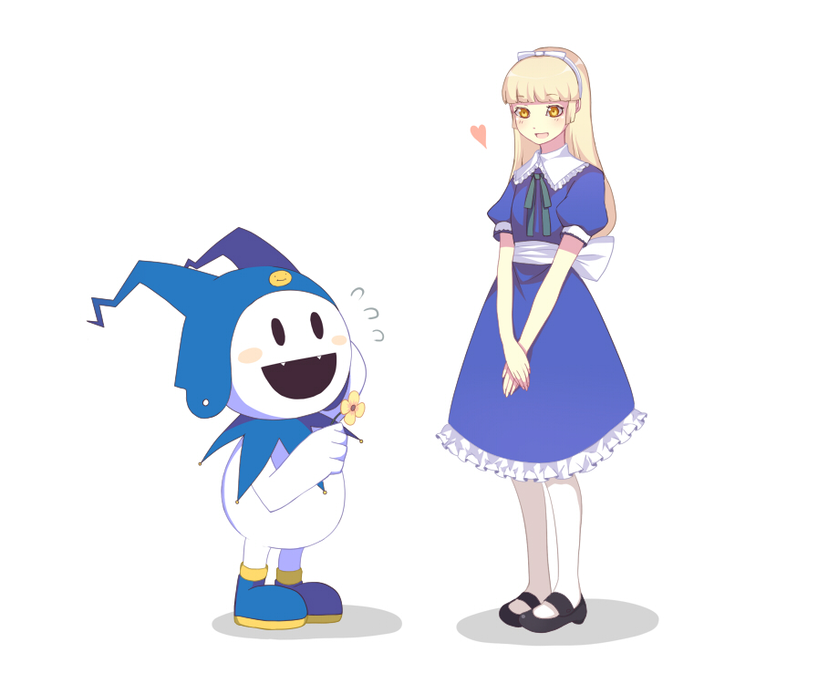 harano, alice (megami tensei), jack frost (megami tensei), atlus, persona, persona 3, persona 4, shin megami tensei, blonde hair, blush, boots, dress, fangs, flower, hair ribbon, hairband, heart, jester, long hair, pantyhose, ribbon, sweatdrop, white pantyhose, yellow eyes