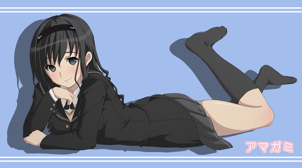 tokita arumi, morishima haruka, amagami, 1girl, black hair, blue eyes, feet, female focus, kneehighs, lying, on stomach, school uniform, serafuku, skirt, smile, socks, solo, toes