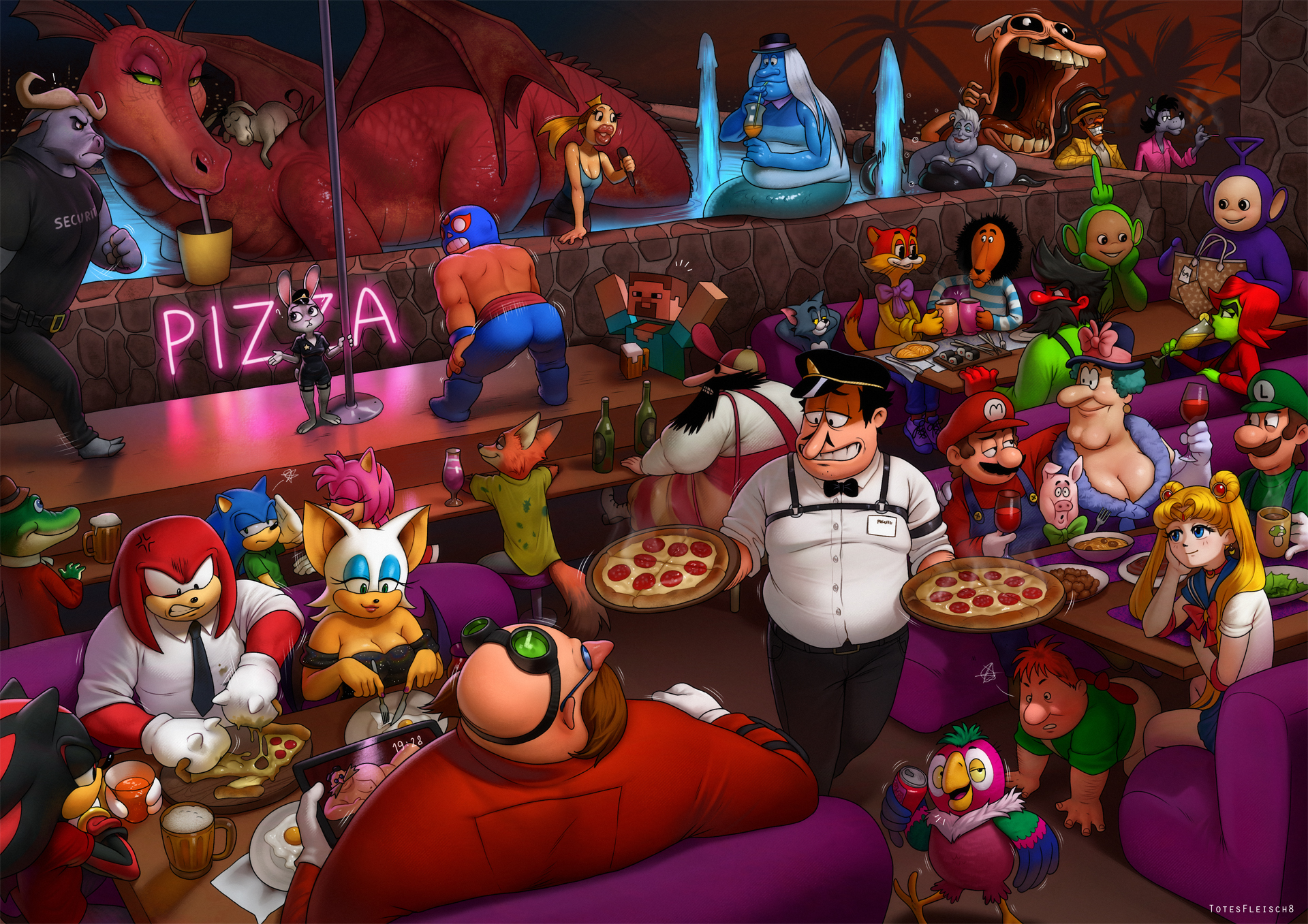 totesfleisch8, amy rose, chief bogo, dipsy, donkey (shrek), dr. eggman, dynamite anton, fake peppino, judy hopps, karlsson, knuckles the echidna, leopold the cat, luigi, mario, nick wilde, peppino spaghetti, rouge the bat, sailor moon, shadow the hedgehog, sonic the hedgehog, steve (minecraft), tinky winky, tom (tom and jerry), tsukino usagi, ursula (disney), wolf (well just you wait!), antonblast, bishoujo senshi sailor moon, brawl stars, karlsson-on-the-roof, mario (series), minecraft, nintendo, pizza tower, shrek (series), sonic (series), teletubbies, the flying ship, the little mermaid (disney), tom and jerry, well just you wait!, zootopia, strip club, highres, 6+boys, 6+girls, alcohol, annoyed, ass shake, bald, baseball cap, beer, beer bottle, beer mug, belly, bird, black hair, black necktie, blonde hair, blush, boniface's vacation, boniface the lion, breasts, buffalo, cat, cigarette, cleavage, closed mouth, cocktail glass, colored skin, crocodile, crocodilian, crossover, cup, deep blue sea light white foam, detective (on the trail of the bremen town musicians), donkey, dragon, dragon (shrek), drinking, drinking glass, drinking straw, drinking straw in mouth, dynamite annie, eating, el primo, everyone, facial hair, flying, food, fork, fountain, fox, fried egg, funtik the piglet, gena the crocodile, gena the crocodile and his friends, gloves, goggles, goggles on head, green hair, green shirt, green skin, hat, holding, holding cigarette, holding fork, holding knife, holding microphone, holding photo, investigation held by kolobki, jacket, karbophos, kesha (the return of the prodigal parrot), knife, lion, long hair, microphone, mrs. belladonna (the adventures of funtik the piglet), mug, multiple boys, multiple girls, mustache, necktie, on the trail of the bremen town musicians, open mouth, parrot, peaked cap, photo (object), piglet, pizza, plate, plump, rabbit, red hair, red jacket, red skin, sailor, security guard, shirt, short hair, sitting, smile, sushi, the adventures of funtik the piglet, the return of the prodigal parrot, toon (style), topless male, tsar's daughter (deep blue sea light white foam), twintails, vodyanoy (the flying ship), waiter, white gloves, white hair, white shirt, wolf, wrestling mask