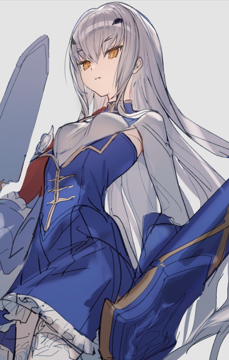 kumatangent, melusine (fate), melusine (second ascension) (fate), fate/grand order, fate (series), chinese commentary, commentary request, highres, reversed, 1girl, armpit cutout, blue dress, breasts, clothing cutout, cowboy shot, dress, expressionless, fairy sword arondight, forked eyebrows, frilled dress, frills, from below, grey background, hair between eyes, hair ornament, long hair, long sidelocks, long sleeves, looking at viewer, mandarin collar, orange eyes, parted lips, short dress, sidelocks, simple background, sketch, small breasts, solo, standing, thighhighs, triangle hair ornament, underbust, very long hair, weapon, white hair, white thighhighs, zettai ryouiki