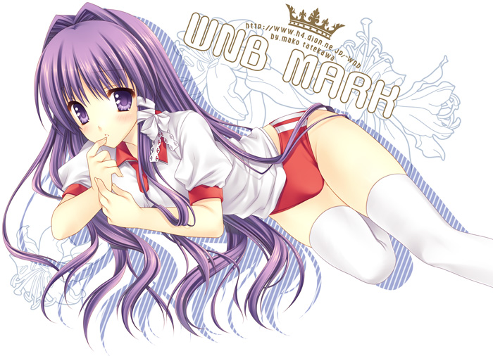 mako tatekawa, tatekawa mako, wnb mark, fujibayashi kyou, clannad, 00s, 1girl, blush, buruma, female focus, looking at viewer, purple eyes, purple hair, sidelocks, simple background, solo, sportswear, thighhighs, white background, white thighhighs