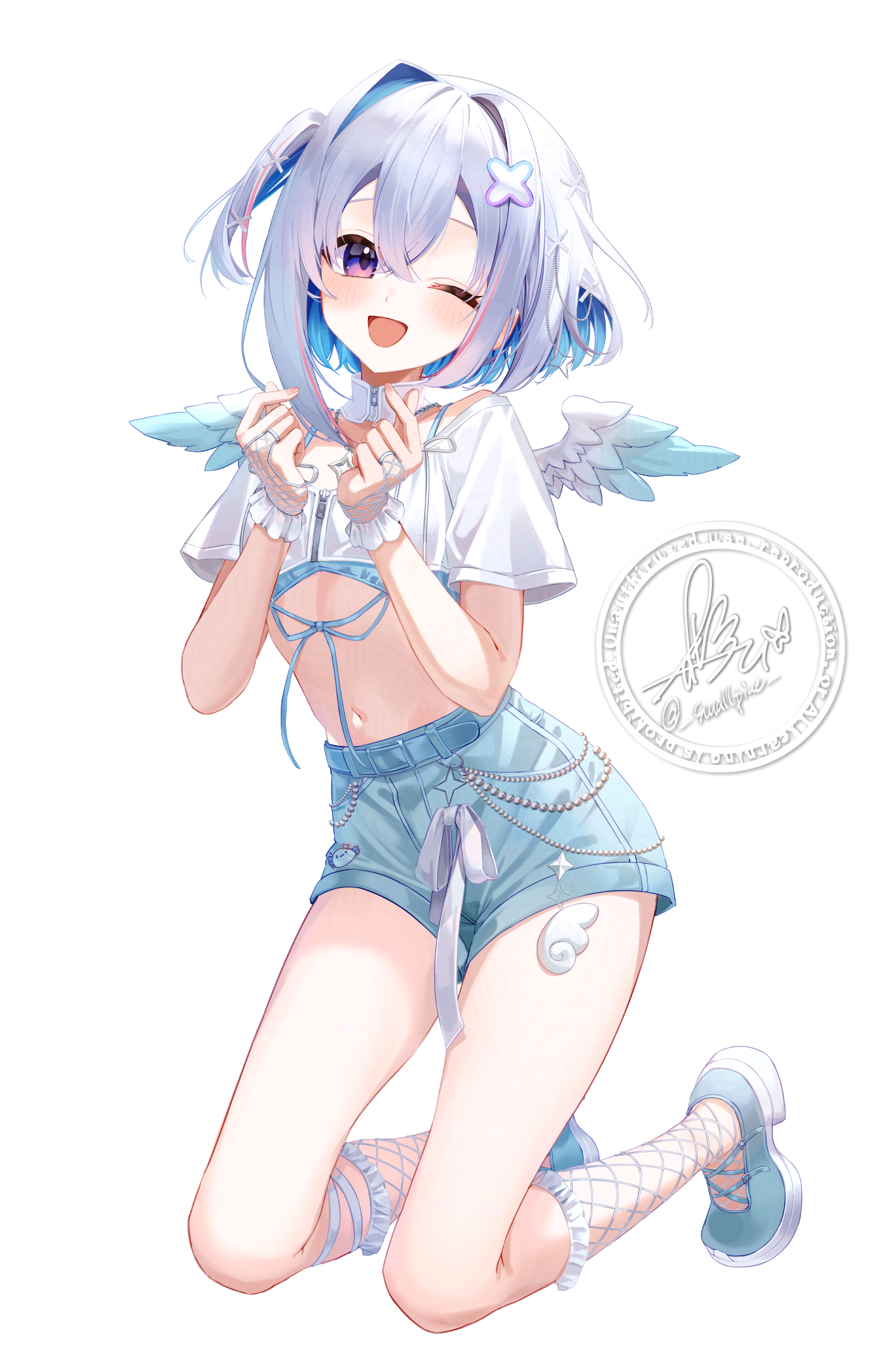 smallpine 7, amane kanata, hololive, commentary request, highres, 1girl, ;d, beads, blue bra, blue eyes, blue ribbon, blue shoes, blue shorts, blue wings, blush, bra, colored inner hair, crop top, cupid (amane kanata), denim, denim shorts, dot nose, fishnet socks, fishnets, full body, gradient wings, hair ornament, hands up, kneeling, looking at viewer, mini wings, multicolored hair, multicolored wings, navel, official alternate costume, one eye closed, one side up, open mouth, ribbon, shirt, shoes, short hair, short shorts, shorts, simple background, smile, socks, solo, stomach, underwear, virtual youtuber, white background, white hair, white shirt, white wings, wings, x hair ornament