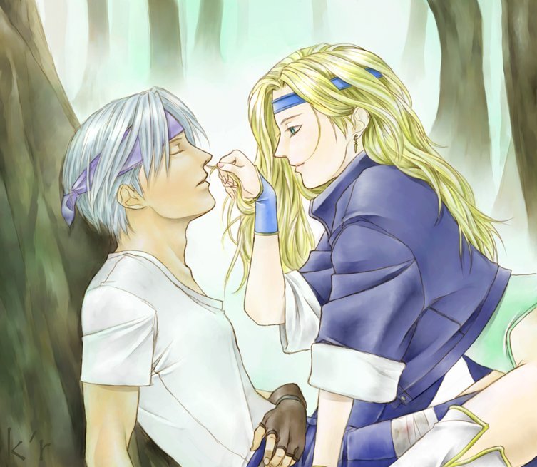 celes chere, locke cole, final fantasy, final fantasy vi, artist request, 1990s (style), blonde hair, closed eyes, earrings, fingerless gloves, gloves, green eyes, headband, jacket, jewelry, long hair, retro artstyle, short hair, sleeping, smile, tickling, tickling face, white hair
