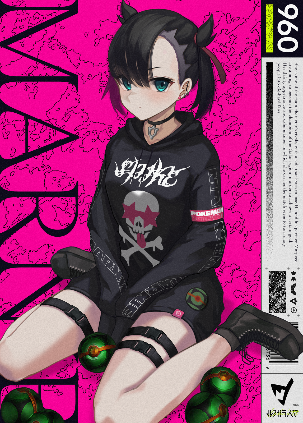 osanzi, marnie (pokemon), nintendo, pokemon, pokemon swsh, highres, 1girl, alternate costume, asymmetrical bangs, barbell piercing, barcode, black boots, black choker, black hair, black hoodie, black shorts, boots, breasts, character name, choker, cover, dusk ball, ear piercing, english text, fake cover, full body, green eyes, hair ribbon, hood, hoodie, looking at viewer, piercing, poke ball, print hoodie, ribbon, short twintails, shorts, sitting, skull print, small breasts, solo, thigh strap, thighs, twintails, undercut, wariza
