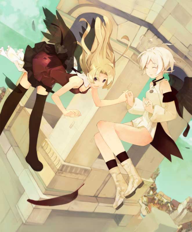 shirohanamame taichou, original, jpeg artifacts, black wings, blonde hair, closed eyes, crow wings, eyes closed, long hair, shirohanamametaichou, short hair, white hair, wings
