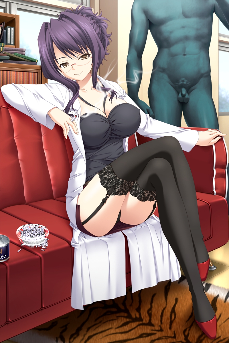 akamine saiko, 11eyes, lace-trimmed legwear, game cg, highres, 00s, 1girl, ashtray, black garter straps, breasts, brown eyes, cigarette, cleavage, couch, crossed legs, female focus, garter belt, garter straps, glasses, high heels, lab coat, lace, lace trim, large breasts, legs, long legs, miniskirt, pencil skirt, purple hair, red shoes, shoes, sitting, skirt, smile, smoking, solo, statue, thighhighs, thighs
