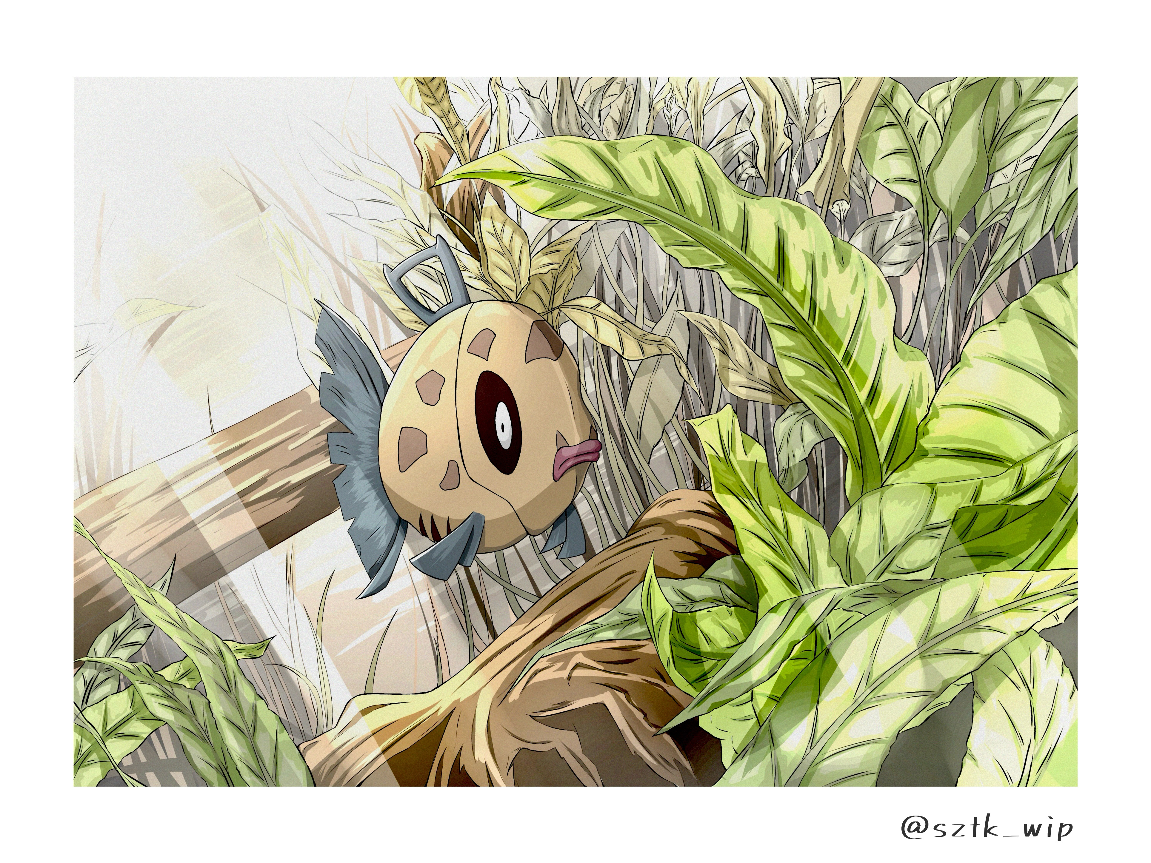 suzutsuki (sztk wip), feebas, nintendo, pokemon, absurdres, highres, artist name, black sclera, border, colored sclera, fish, gen 3 pokemon, leaf, no humans, pokemon (creature), white border