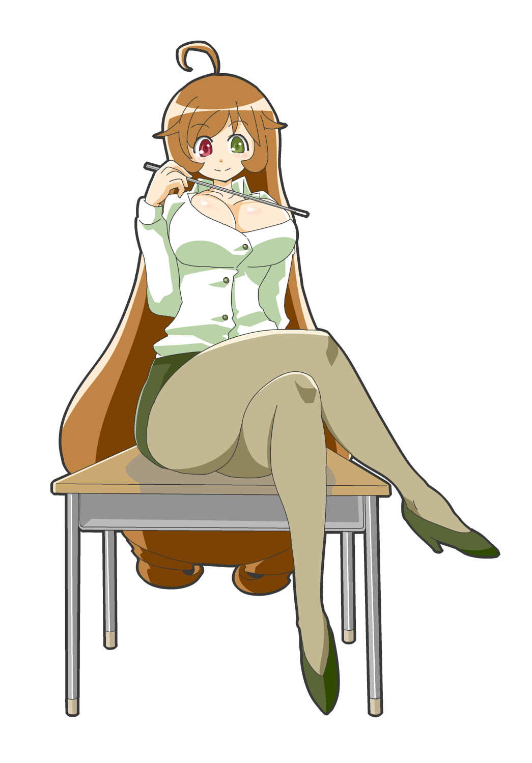 itini-sanshi, suiseiseki, rozen maiden, commentary request, highres, 1girl, ahoge, alternate breast size (larger), alternate costume, breasts, brown hair, chair, cleavage, closed mouth, collared shirt, crossed legs, desk, drill hair, full body, green eyes, green skirt, grey pantyhose, heterochromia, high heels, large breasts, long hair, long sleeves, looking at viewer, on desk, pantyhose, pencil skirt, red eyes, school desk, shirt, simple background, sitting, skirt, smile, solo, teacher, twin drills, very long hair, white background, white shirt