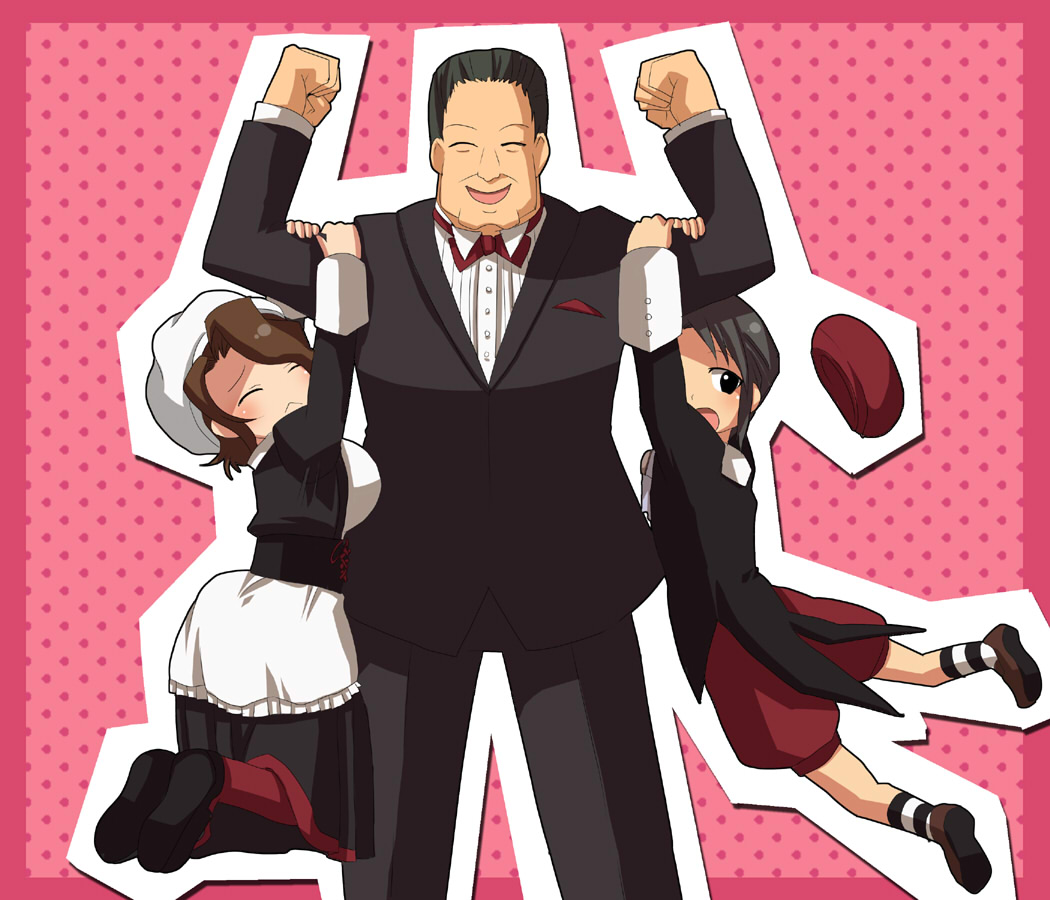 aro, gouda toshirou, kanon (umineko), shannon (umineko), umineko no naku koro ni, bad id, bad pixiv id, 00s, 1girl, 2boys, :<, black hair, butler, carrying, closed eyes, frown, hat, maid, multiple boys, smile