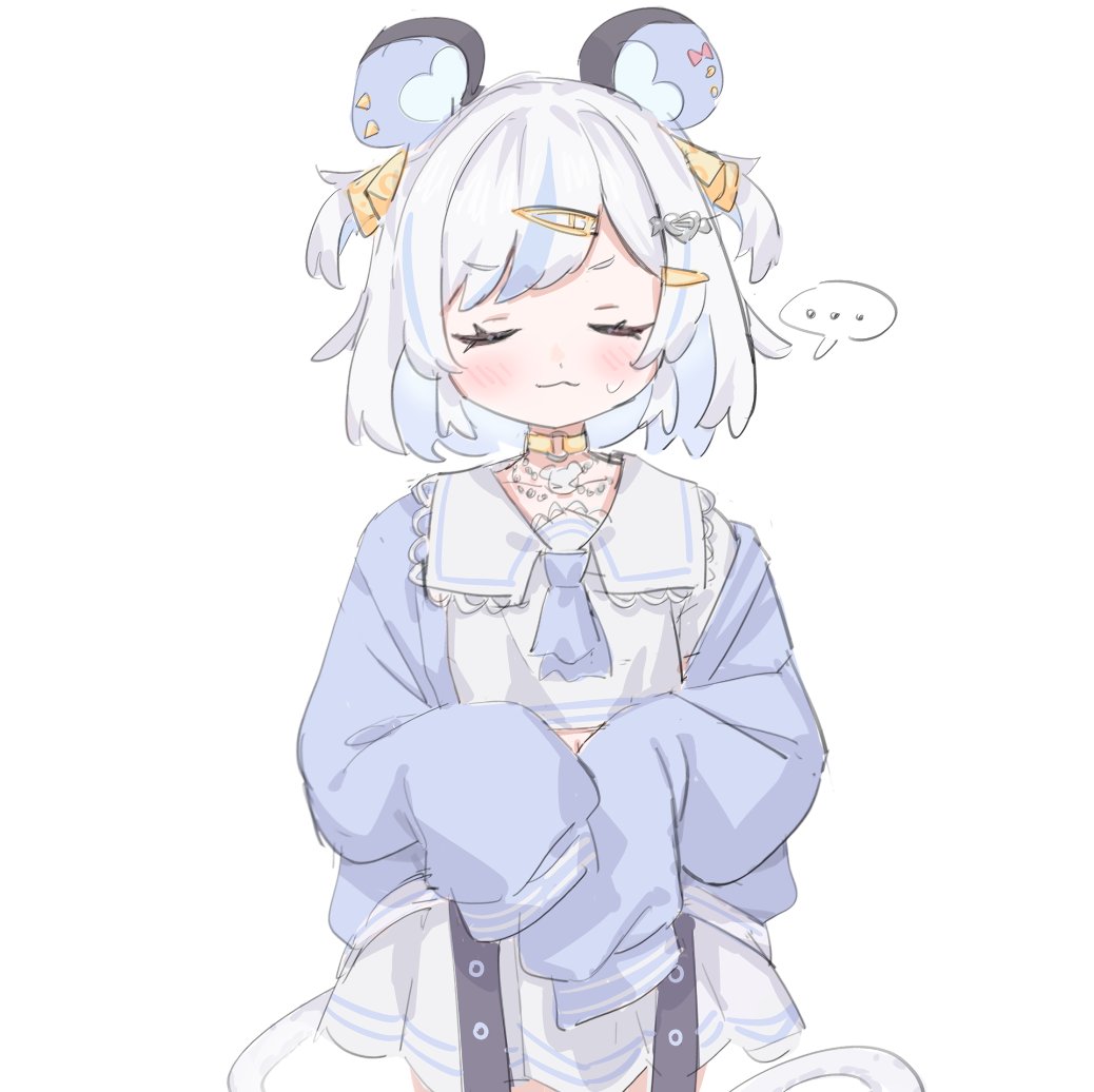 maplesights, nemimi yane, indie virtual youtuber, …, 1girl, :3, animal ears, blush, choker, hair ornament, hairclip, long sleeves, mouse ears, mouse girl, multicolored hair, pleated skirt, simple background, skirt, sleeves past fingers, sleeves past wrists, solo, spoken ellipsis, straight-on, streaked hair, tail, two side up, white background