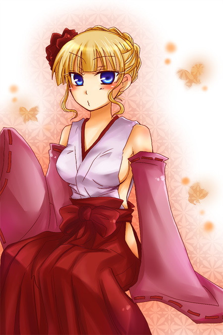 beatrice (umineko), hanyuu, higurashi no naku koro ni, umineko no naku koro ni, 1girl, blue eyes, blush, breasts, cosplay, detached sleeves, female focus, hakama, hakama skirt, hanyuu (cosplay), japanese clothes, medium breasts, miko, red hakama, sideboob, skirt, solo