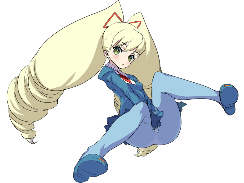 akaga hirotaka, luna platz (mega man), capcom, mega man (series), mega man star force (series), 00s, 1girl, :o, big hair, blonde hair, blue pantyhose, blush, drill hair, embarrassed, female focus, flat chest, full body, green eyes, hair ribbon, leggings, long hair, necktie, open mouth, panties, panties under pantyhose, pantyhose, pleated skirt, ribbon, school uniform, serafuku, shoes, simple background, sitting, skirt, solo, spread legs, surprised, twin drills, twintails, underwear, upskirt, very long hair