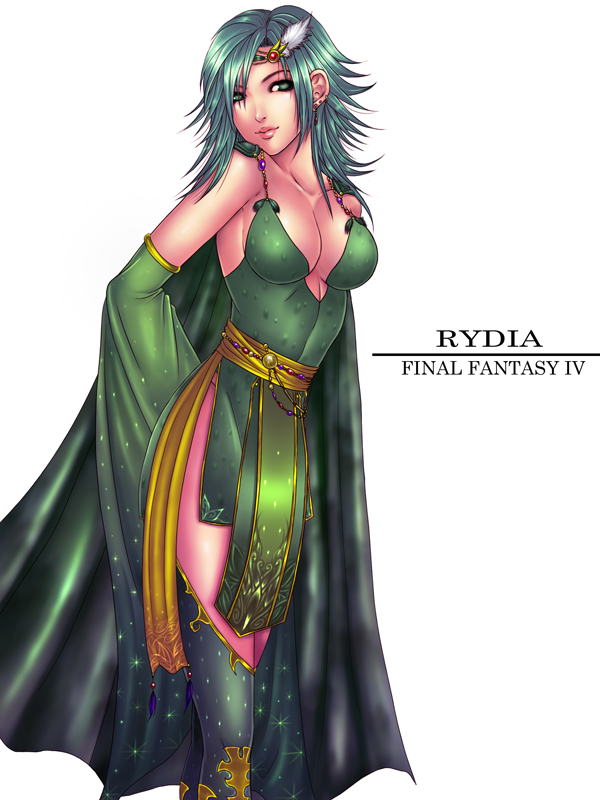 momoman (pink voltage), rydia (adult) (ff4), rydia (ff4), final fantasy, final fantasy iv, spoilers, 1990s (style), 1girl, aged up, boots, breasts, cape, character name, cleavage, copyright name, detached sleeves, female focus, green eyes, green hair, large breasts, matching hair/eyes, retro artstyle, simple background, solo, thigh boots, thighhighs