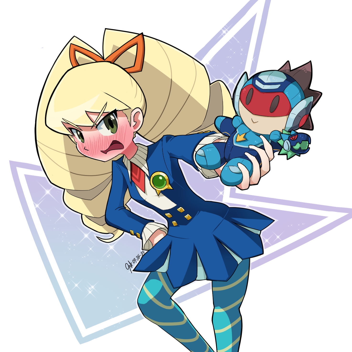 chineseninja, geo stelar (mega man), luna platz (mega man), omega-xis (mega man), mega man (series), mega man star force (series), highres, 1girl, big hair, blonde hair, blue dress, blue pantyhose, blush, bow, character doll, dated, doll, dress, drill hair, hair bow, holding, holding doll, long hair, long sleeves, open mouth, pantyhose, solo, star force mega man, striped clothes, striped pantyhose, twin drills