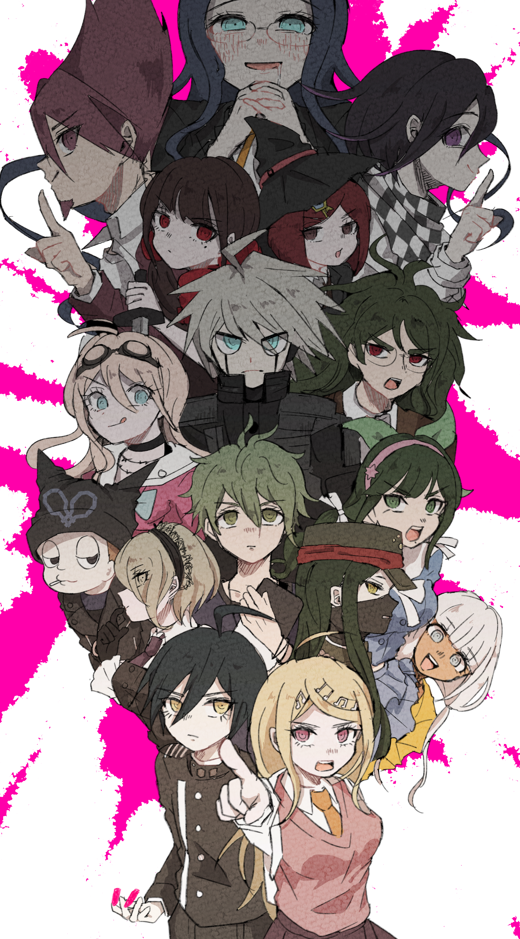waguri (ronpa), akamatsu kaede, amami rantaro, gokuhara gonta, harukawa maki, hoshi ryoma, iruma miu, k1-b0, momota kaito, oma kokichi, saihara shuichi, shinguji korekiyo, shirogane tsumugi, tojo kirumi, yonaga angie, yumeno himiko, danganronpa (series), danganronpa v3: killing harmony, absurdres, commentary request, highres, spoilers, 6+boys, 6+girls, :q, ahoge, android, antenna hair, back-to-back, backpack, badge, bag, barbed wire, beanie, belt, between fingers, black-framed eyewear, black choker, black corset, black dress, black eyes, black gloves, black hair, black hairband, black hat, black jacket, black mask, black pants, black scarf, black shirt, blazer, blonde hair, blood, blood splatter, blue bow, blue bowtie, blue eyes, blue gemstone, blue hair, blue serafuku, blue shirt, blue skirt, blunt bangs, blunt ends, blush, bob cut, bow, bowtie, breasts, brown-framed eyewear, brown hair, brown jacket, brown necktie, bullet, buttons, checkered clothes, checkered scarf, choker, cigarette, clenched hand, closed mouth, coat, collarbone, collared jacket, collared shirt, corset, covered mouth, cowboy shot, cropped legs, cropped torso, dagger, determined, double-breasted, dress, dress pants, drooling, everyone, expressionless, eyelashes, eyes visible through hair, facial hair, fake horns, fortissimo, frilled skirt, frilled sleeves, frills, frown, furrowed brow, gakuran, gem, gem hair ornament, glasses, gloves, goatee, goggles, goggles on head, green bow, green eyes, green hair, green hat, green jacket, green necktie, grey hair, hair between eyes, hair bow, hair ornament, hair over one eye, hair over shoulder, hair scrunchie, hairband, hairclip, half-closed eyes, happy, hat, hat belt, high collar, holding, holding dagger, holding knife, holding tablet pc, holding weapon, horned headwear, horns, indoors, jacket, jewelry, knife, lace-trimmed hairband, lace trim, lapels, large breasts, layered sleeves, leaning to the side, leather, leather jacket, light frown, long eyelashes, long hair, long hair between eyes, long sidelocks, long sleeves, low twintails, mask, messy hair, midriff, miniskirt, mole, mole under eye, mouth hold, mouth mask, multiple boys, multiple girls, multiple hair bows, musical note, musical note hair ornament, necklace, necktie, notched lapels, o-ring, open clothes, open coat, open jacket, open mouth, orange bow, orange bowtie, own hands together, pale skin, pants, peaked cap, pendant, pinafore dress, pink belt, pink blood, pink hairband, pink shirt, pink vest, pleated skirt, pointing, pointing at viewer, pointing up, poster (medium), print headwear, purple coat, purple eyes, purple hair, purple necktie, purple skirt, raincoat, red eyes, red hair, red scrunchie, round eyewear, sailor collar, scarf, school uniform, scrunchie, serafuku, shirt, short hair, sidelocks, skirt, skirt set, sleeveless, sleeveless dress, sleeves past wrists, smile, spiked hair, standing, straight hair, striped clothes, striped shirt, tablet pc, teeth, tongue, tongue out, twintails, two-tone scarf, two-tone shirt, undershirt, upper teeth only, v-neck, v-shaped eyes, vest, weapon, white background, white bag, white belt, white bow, white bowtie, white hair, white sailor collar, white scarf, white shirt, witch hat, wrist belt, yellow eyes, yellow raincoat, zipper