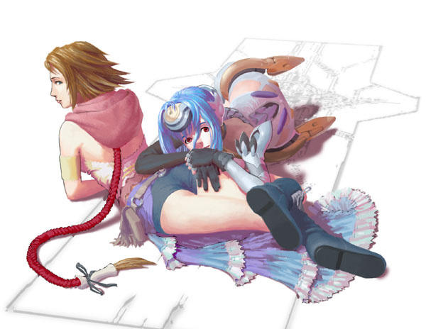 kos-mos, yuna, yuna (ff10), final fantasy, final fantasy x, final fantasy x-2, xenosaga, xenosaga episode i, 00s, 2girls, black gloves, black shorts, blue hair, boots, brown hair, crossover, gloves, headgear, hood, knee boots, lying, multiple girls, red eyes, short hair, short shorts, shorts