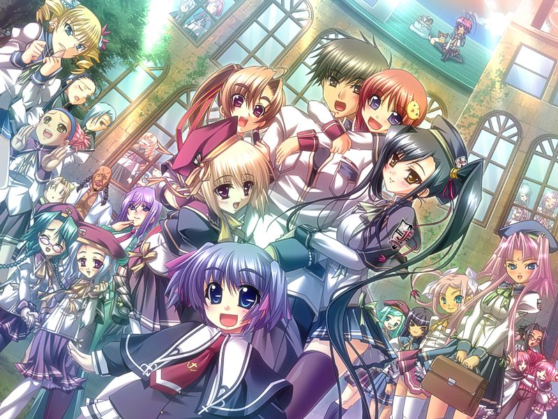 hikage eiji, kantaka, katagiri hinata, yatsuha kanan, bachou (koihime musou), bunshuu (koihime musou), chouhi (koihime musou), chouryou (shia) (koihime musou), chousen (koihime musou), chouun (koihime musou), daikyou (koihime musou), enshou (koihime musou), ganryou (koihime musou), hongou kazuto, jun'iku (koihime musou), kakouen (koihime musou), kakouton (koihime musou), kaku bunwa (koihime musou), kan'u (koihime musou), kannei (koihime musou), kouchuu (koihime musou), kousonsan (koihime musou), kyocho (koihime musou), rikuson (koihime musou), riri (koihime musou), ryofu (koihime musou), shokatsuryou (koihime musou), shoukyou (koihime musou), shuuyu (koihime musou), sonken (koihime musou), sonsaku (koihime musou), sonshoukou (koihime musou), sousou (koihime musou), toutaku (koihime musou), koihime musou, white legwear, game cg, jpeg artifacts, non-web source, 00s, 2boys, 6+girls, ahoge, antenna hair, aqua hair, arm hug, asymmetrical bangs, bag, bald, black eyes, black hair, black socks, blonde hair, blue eyes, blunt bangs, blush, bow, braid, building, closed eyes, drill hair, dutch angle, eating, everyone, eyepatch, fisheye, glasses, hair bow, hair ornament, hair over one eye, harem, hat, headband, holding, holding hands, hug, hug from behind, kneehighs, long hair, long sleeves, multiple boys, multiple girls, muscular, on roof, open clothes, open shirt, parted bangs, parted lips, petite, pimp, pink eyes, pink hair, ponytail, purple eyes, purple hair, school, school bag, school uniform, serafuku, shirt, short hair, side ponytail, sitting, sitting on roof, smile, socks, sunlight, thighhighs, twin braids, twin drills, twintails, zettai ryouiki
