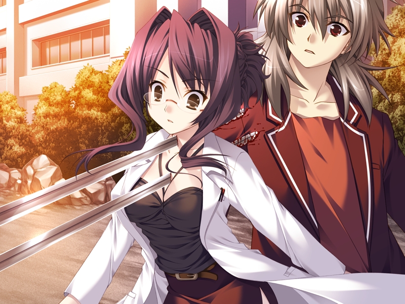 akamine saiko, tajima takahisa, 11eyes, game cg, 00s, 1boy, 1girl, blood, glasses, guro, impaled, lab coat, stab, surprised, sword, violence, weapon
