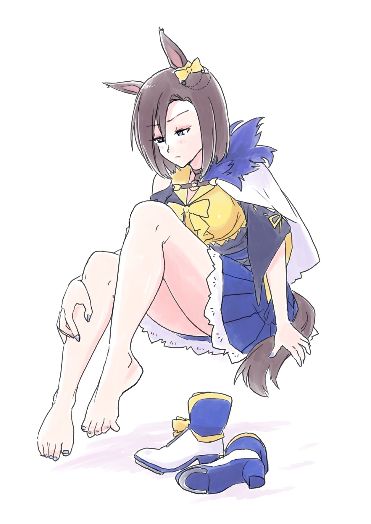 vent arbre, air groove (empress road) (umamusume), air groove (umamusume), umamusume, highres, 1girl, animal ears, barefoot, black capelet, black shirt, blue eyes, blue skirt, blush, bow, breasts, brown hair, capelet, closed mouth, crop top, ear bow, ear chain, full body, hair between eyes, hair ornament, horse ears, horse girl, horse tail, legs, linked piercing, medium breasts, piercing, pleated skirt, sailor collar, sailor shirt, shirt, shoes, short hair, simple background, skirt, tail, unworn shoes, white background, yellow bow, yellow sailor collar