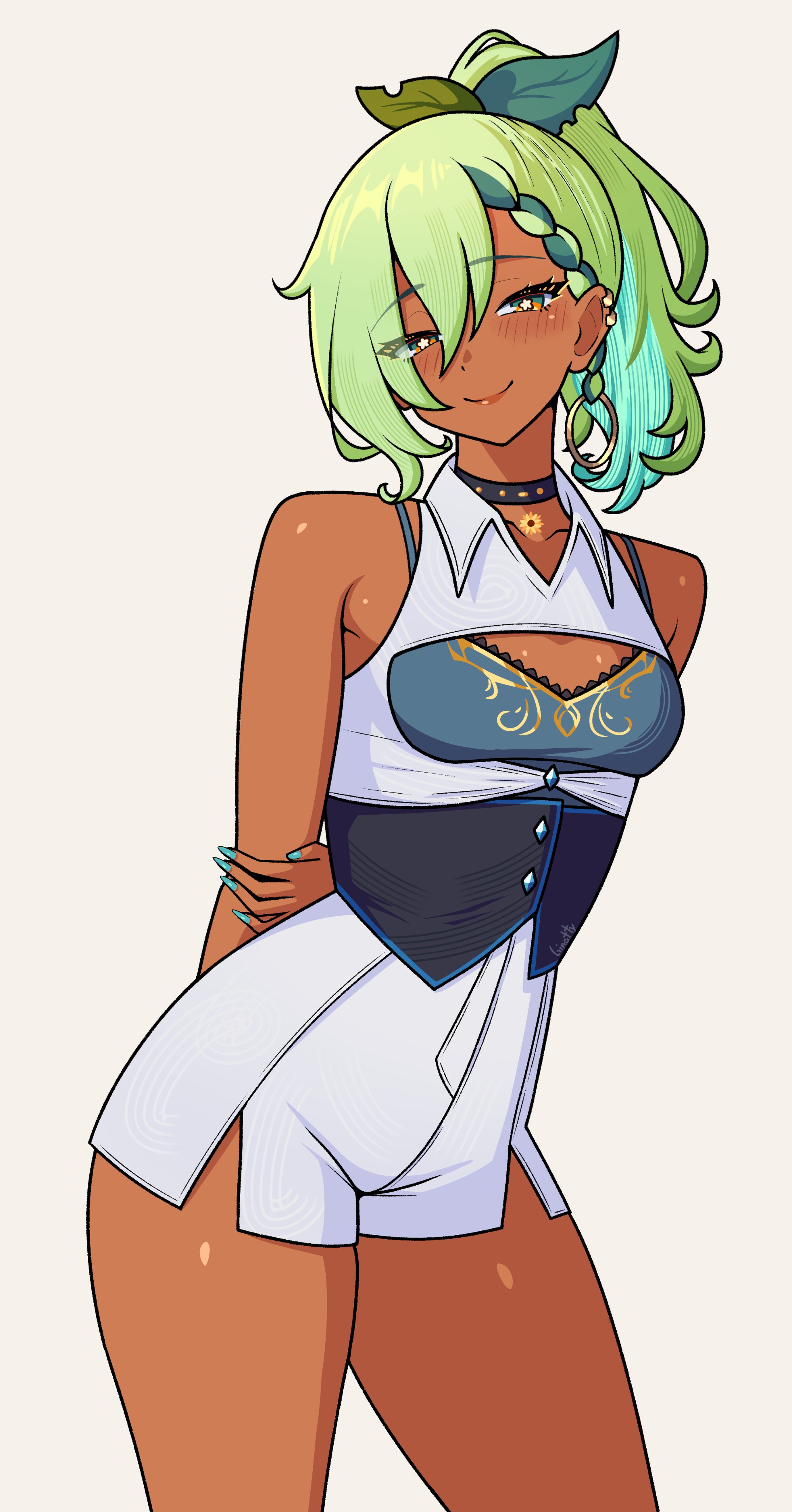 ginotty, ceres fauna, ceres fauna (1st costume), hololive, hololive english, original, absurdres, highres, 1girl, alternate hair color, aqua hair, braid, breasts, choker, dark-skinned female, dark skin, ear piercing, flower-shaped pupils, flower choker, fusion, ganguro, green eyes, green hair, green nails, gyaru, hair ornament, leaf hair ornament, mira (ginotty), multicolored eyes, multicolored hair, piercing, ponytail, single braid, small breasts, smile, symbol-shaped pupils, two-tone eyes, two-tone hair, yellow eyes