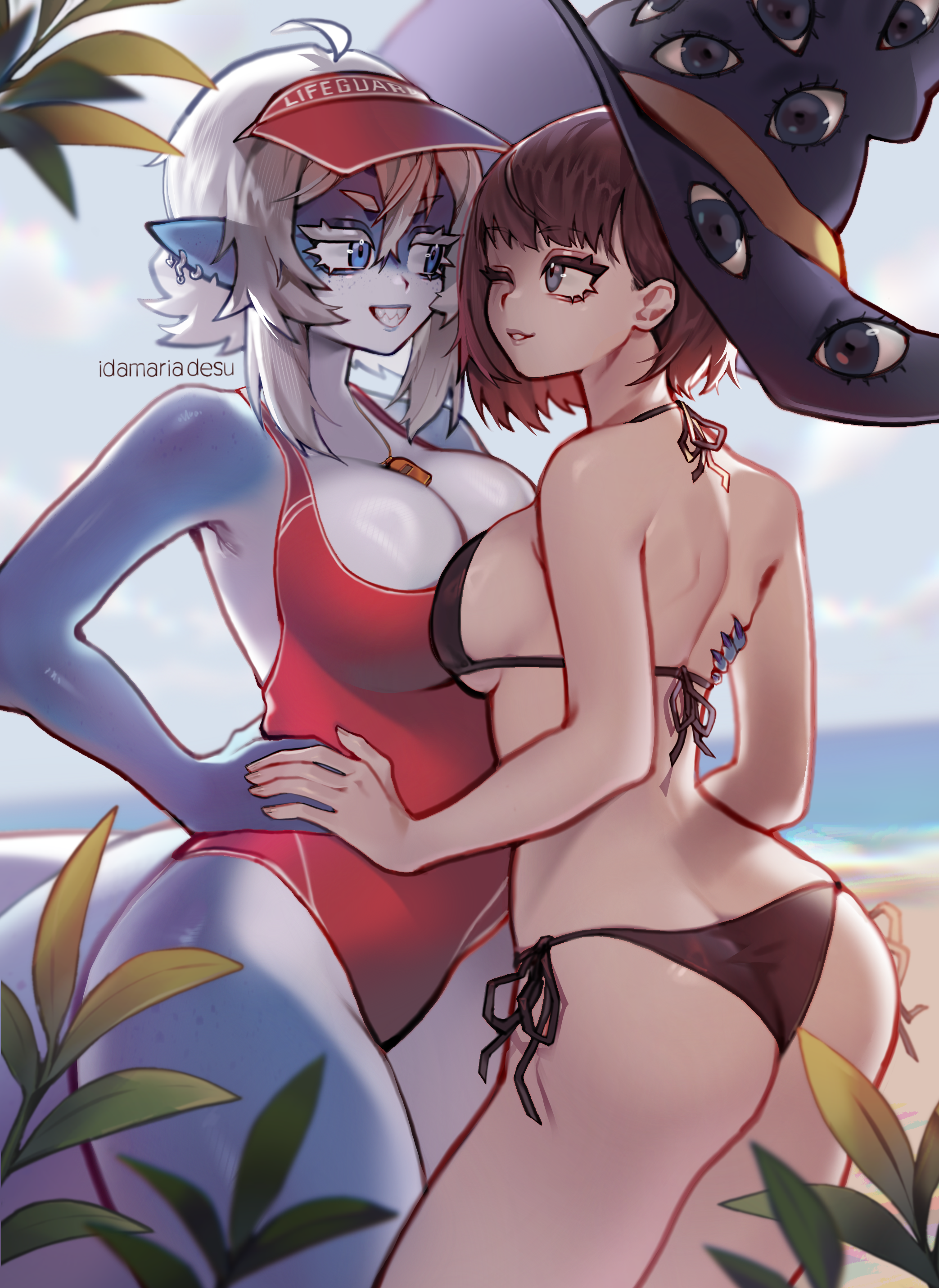 idamaria, original, absurdres, highres, 2girls, ass, asymmetrical docking, bikini, black bikini, blue eyes, blue skin, breast press, breasts, brown hair, colored skin, ear piercing, grey hair, hat, large breasts, meiko (idamaria), monster girl, multicolored skin, multiple girls, one-piece swimsuit, one eye closed, piercing, pointy ears, red one-piece swimsuit, shark girl, sharp teeth, short hair, swimsuit, tail, teeth, two-tone skin, visor cap, white skin, witch hat