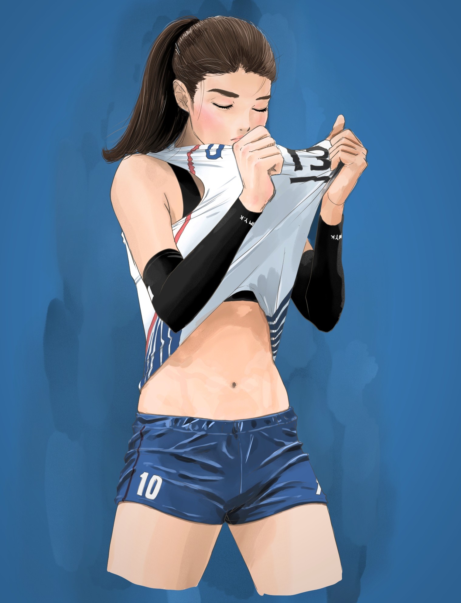 sakamoto giulietta, original, commentary, highres, 1girl, armpit crease, bare shoulders, black sports bra, blue background, blue shorts, blush, brown hair, closed eyes, closed mouth, clothes lift, clothes writing, compression sleeve, cowboy shot, cropped legs, hands up, jersey, lifting own clothes, long hair, navel, ponytail, shirt, shirt lift, short shorts, shorts, simple background, sleeveless, sleeveless shirt, solo, sports bra, sportswear, standing, stomach, volleyball uniform, white shirt