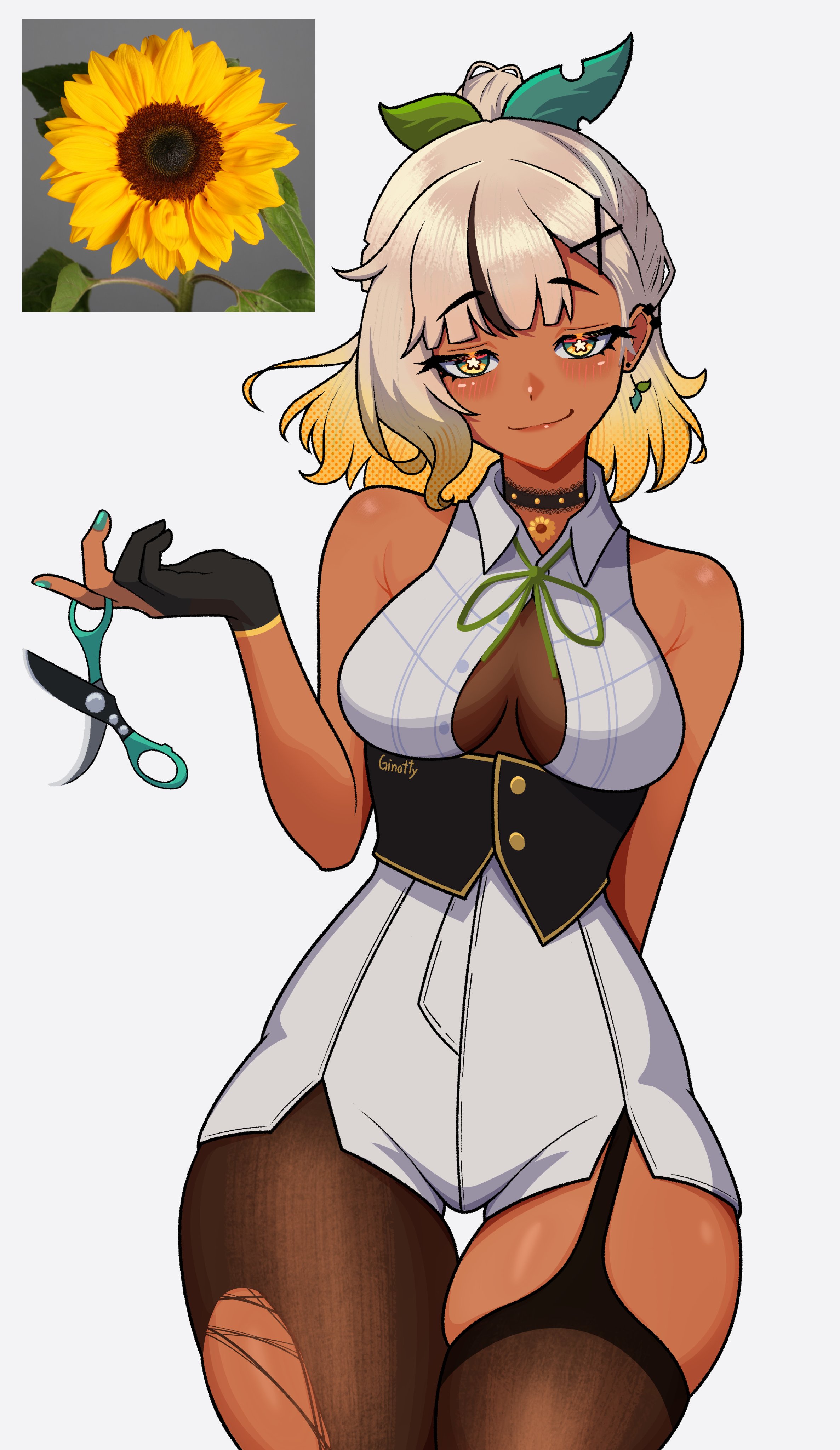 ginotty, original, absurdres, highres, 1girl, artist name, asymmetrical legwear, bare shoulders, black corset, black gloves, blonde hair, breasts, choker, collared shirt, corset, dark-skinned female, dark skin, flower-shaped pupils, flower choker, gloves, green eyes, green nails, hair ornament, high-waist shorts, holding, holding scissors, leaf hair ornament, looking at viewer, medium breasts, mira (ginotty), mismatched legwear, multicolored hair, pantyhose, partially fingerless gloves, partially unbuttoned, ponytail, scissors, shirt, short hair, short ponytail, shorts, sleeveless, sleeveless shirt, smile, symbol-shaped pupils, thick thighs, thigh gap, thighhighs, thighs, torn clothes, torn pantyhose, two-tone hair, white shirt, white shorts, x hair ornament, yellow eyes