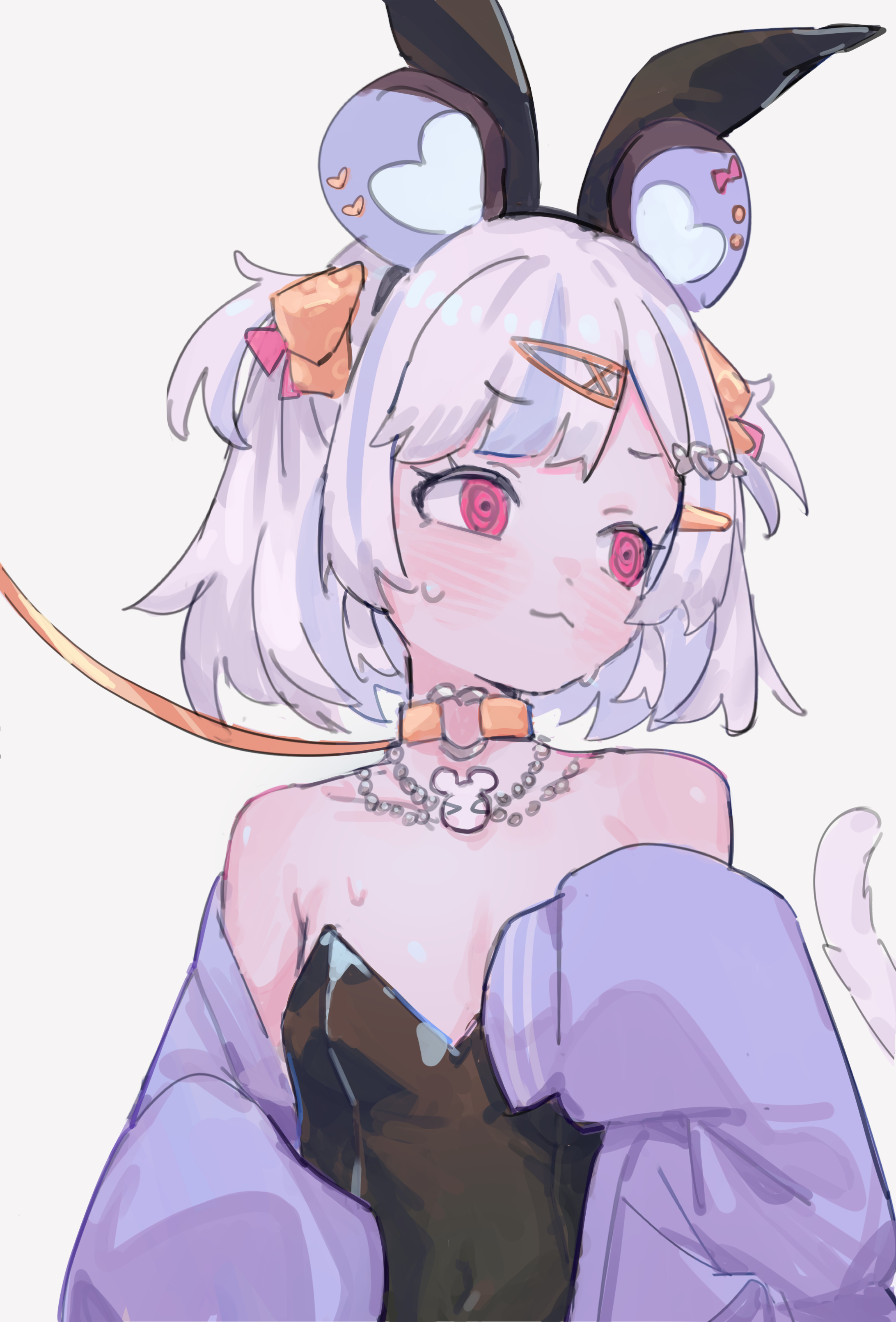 maplesights, nemimi yane, indie virtual youtuber, absurdres, highres, 1girl, :3, @ @, animal ear hairband, animal ears, blush, choker, collar, fake animal ears, hair ornament, hairband, hairclip, head tilt, leash, long sleeves, looking to the side, mouse ears, mouse girl, multicolored hair, playboy bunny, rabbit ear hairband, rabbit ears, red eyes, simple background, sleeves past fingers, sleeves past wrists, solo, streaked hair, sweat, tail, two side up, upper body, white background