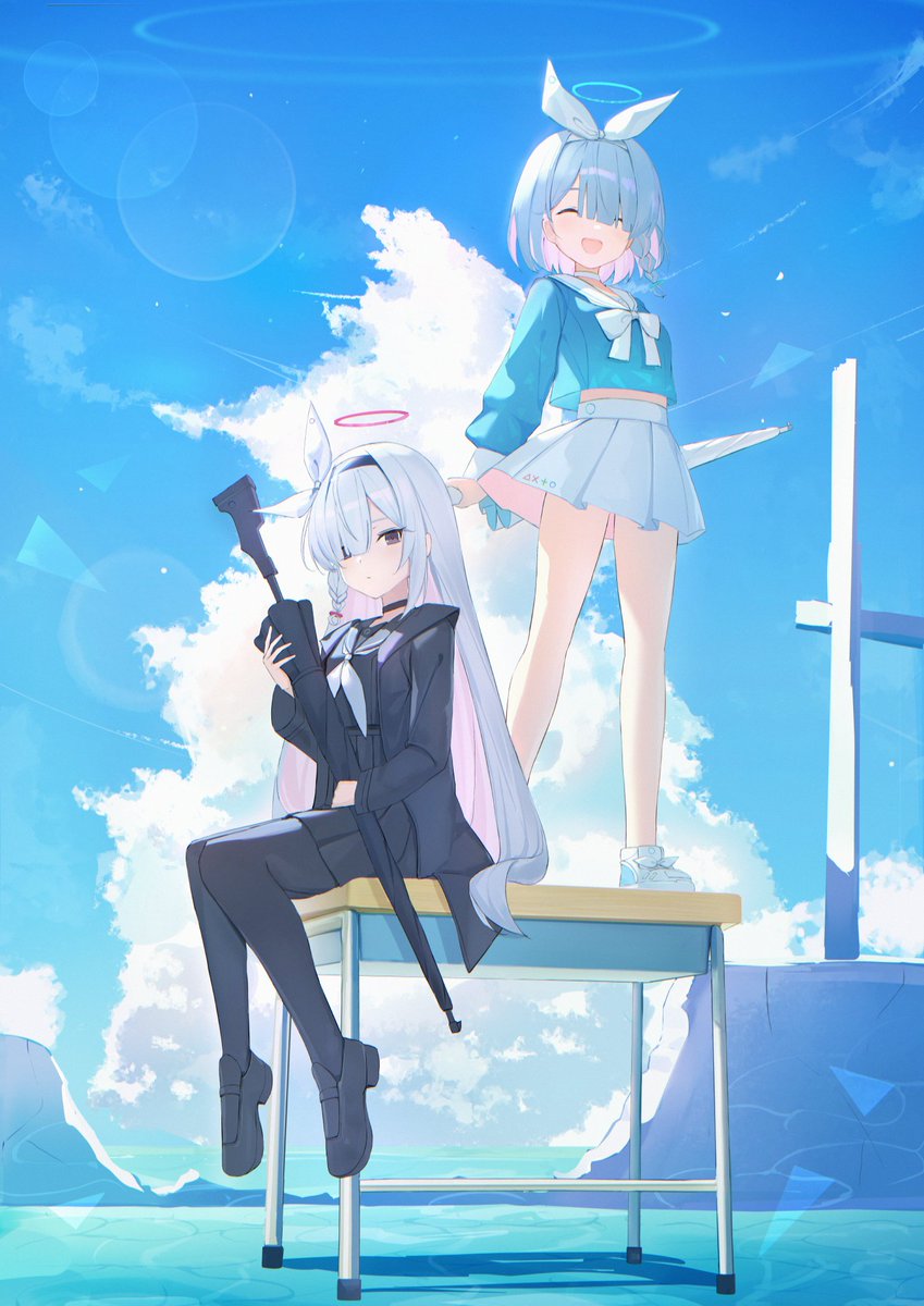 i ruru, arona (blue archive), plana (blue archive), blue archive, commentary, english commentary, highres, 2girls, :d, ^ ^, black choker, black coat, black eyes, black hairband, black sailor collar, black serafuku, black shoes, black thighhighs, blue hair, blue halo, blue shirt, blue sky, blush, bow hairband, braid, choker, closed eyes, closed mouth, cloud, coat, colored inner hair, day, desk, full body, gun, hair over one eye, hairband, halo, happy, holding, holding gun, holding weapon, jacket, lens flare, long hair, long sleeves, looking at viewer, multicolored hair, multiple girls, neckerchief, on desk, open mouth, outdoors, pink hair, red halo, red pupils, ribbon, ruins, sailor collar, school desk, school uniform, serafuku, shirt, shoes, short hair, single braid, sitting, skirt, sky, smile, standing on desk, thighhighs, umbrella gun, weapon, white choker, white hair, white hairband, white neckerchief, white ribbon, white sailor collar, white shirt, white shoes, white skirt