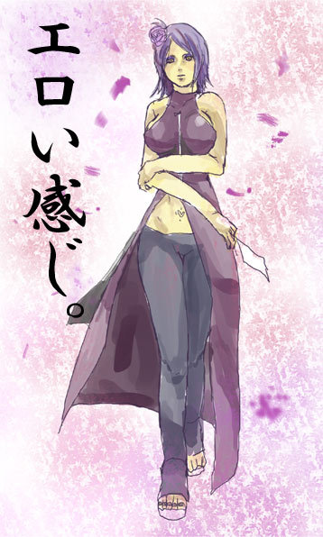 konan (naruto), naruto (classic), naruto (series), naruto shippuuden, artist request, translation request, 1girl, bare shoulders, face piercing, female focus, flower, hair flower, hair ornament, labret piercing, midriff, navel, piercing, purple eyes, sandals, short hair, solo