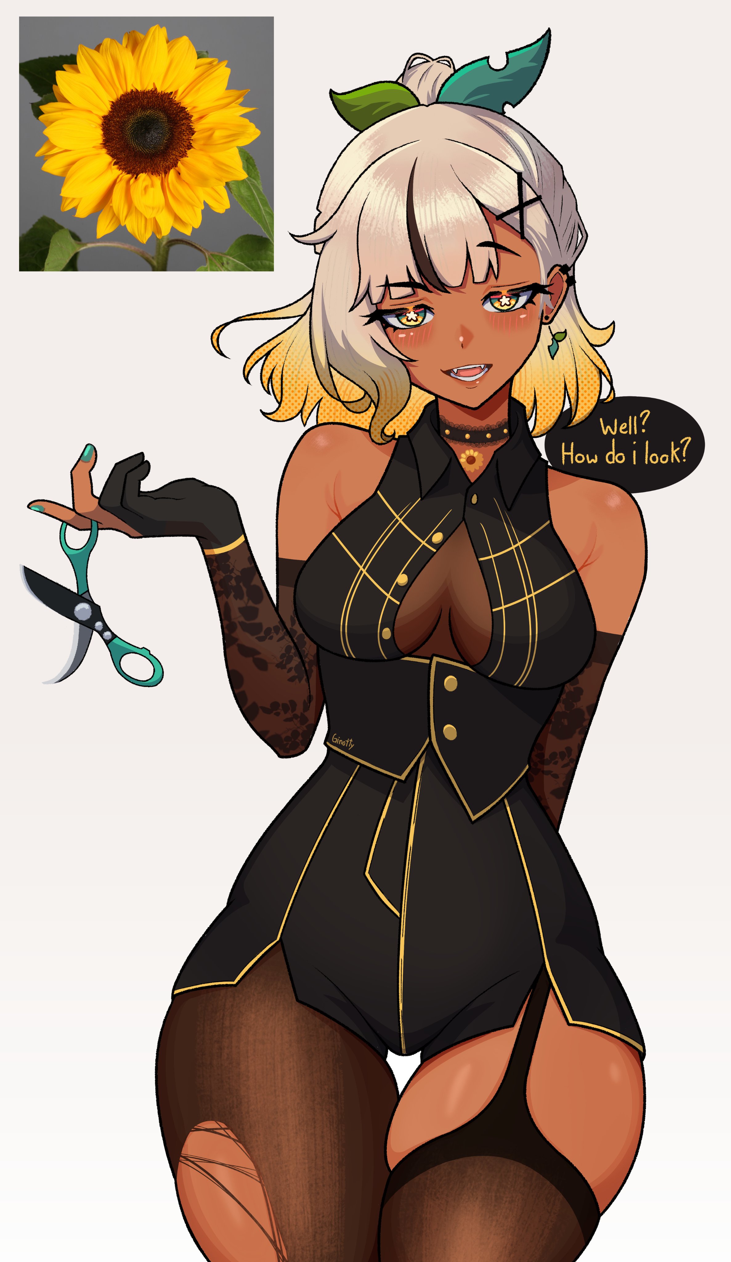ginotty, original, absurdres, highres, 1girl, alternate color, artist name, asymmetrical legwear, bare shoulders, black bridal gauntlets, black corset, black gloves, black shirt, black shorts, black theme, blonde hair, breasts, bridal gauntlets, choker, collared shirt, corset, dark-skinned female, dark skin, english text, fangs, flower-shaped pupils, flower choker, gloves, green eyes, green nails, hair ornament, high-waist shorts, holding, holding scissors, leaf hair ornament, looking at viewer, medium breasts, mira (ginotty), mismatched legwear, multicolored hair, open mouth, pantyhose, partially fingerless gloves, partially unbuttoned, ponytail, scissors, shirt, short hair, short ponytail, shorts, sleeveless, sleeveless shirt, smile, symbol-shaped pupils, thick thighs, thigh gap, thighhighs, thighs, torn clothes, torn pantyhose, two-tone hair, x hair ornament, yellow eyes