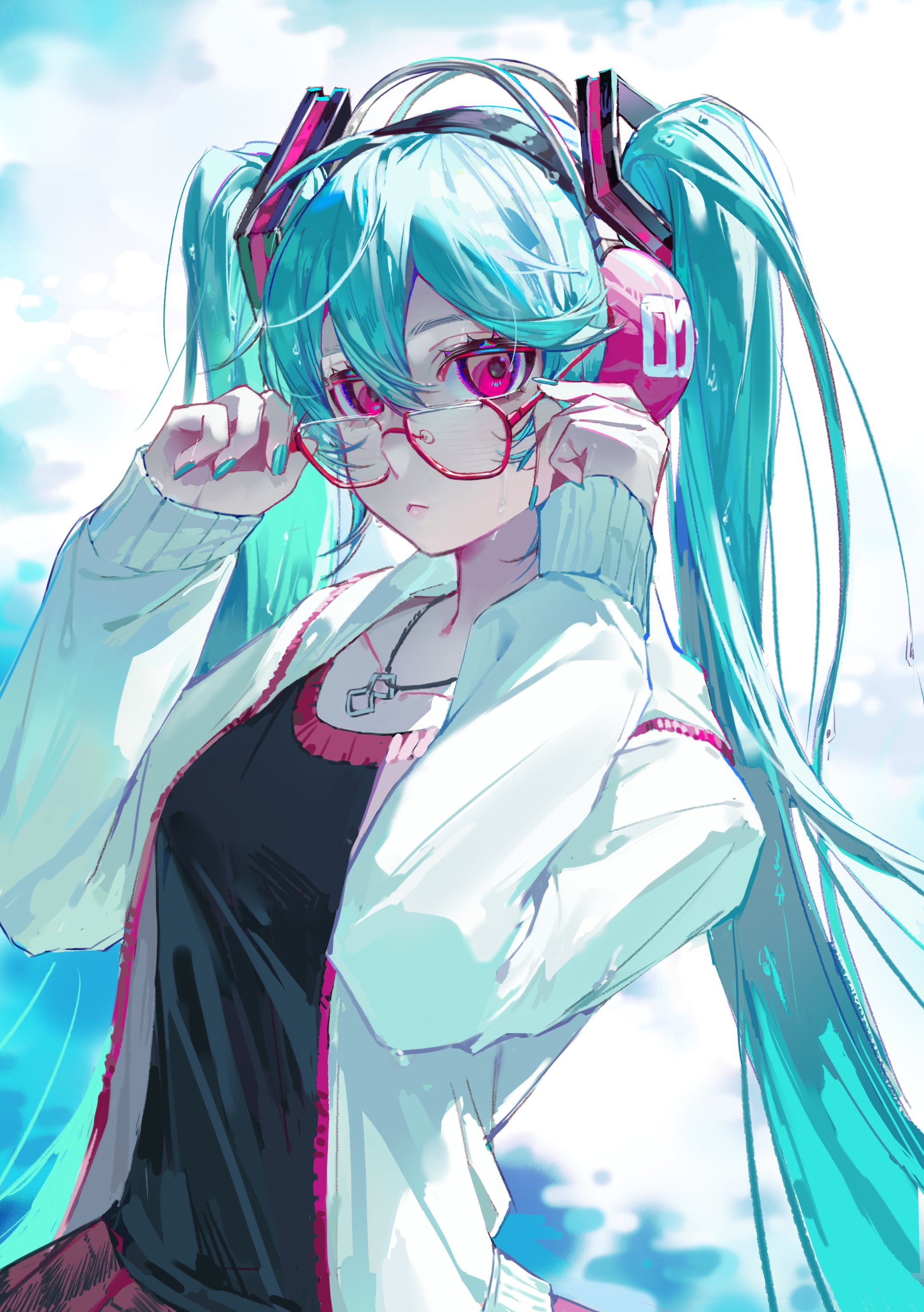 kako (pixiv77158173), hatsune miku, vocaloid, absurdres, highres, 1girl, adjusting eyewear, alternate costume, black shirt, blue hair, blue nails, blurry, blurry background, bright background, collarbone, colored eyelashes, double-parted bangs, glasses, hair between eyes, hair ornament, headphones, jacket, jewelry, light frown, long hair, long sleeves, nail polish, necklace, pink-framed eyewear, pink eyes, pink skirt, shirt, skirt, solo, standing, twintails, upper body, water, wet, white jacket, white sleeves, zipper
