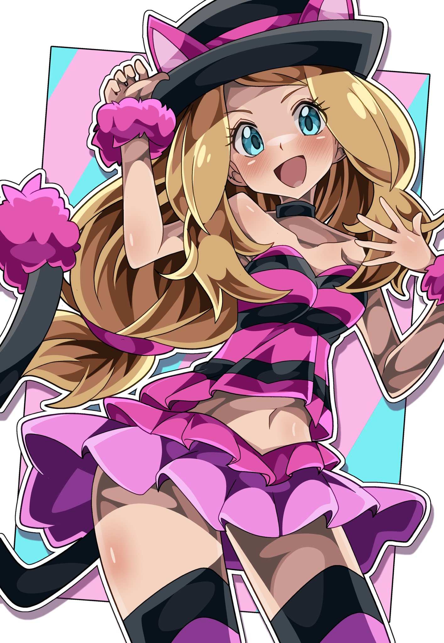 shiki (kisikisi1007), serena (pokemon), nintendo, pokemon, pokemon xy, highres, 1girl, animal ears, blonde hair, blue eyes, cat ears, cat tail, long hair, looking at viewer, pink skirt, shirt, skirt, sleeveless, sleeveless shirt, smile, tail