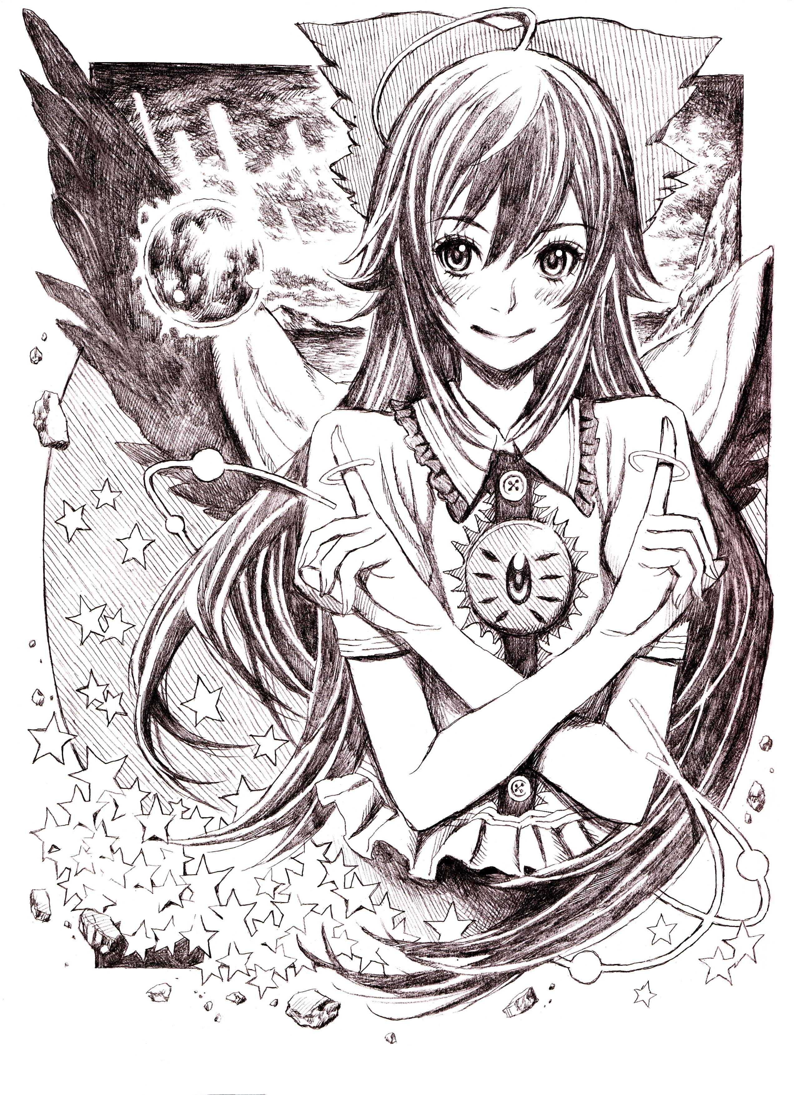 nobita (makoto7060355), reiuji utsuho, touhou, absurdres, bad id, bad pixiv id, highres, traditional media, 1girl, female focus, long hair, monochrome, purple theme, ribbon, solo, wings