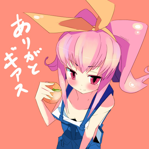 kanikama, anya alstreim, code geass, lowres, translated, 00s, 1girl, blush, bow, downblouse, female focus, food, fruit, hair bow, holding, holding food, holding fruit, naked overalls, orange (fruit), overalls, pink hair, red eyes, solo