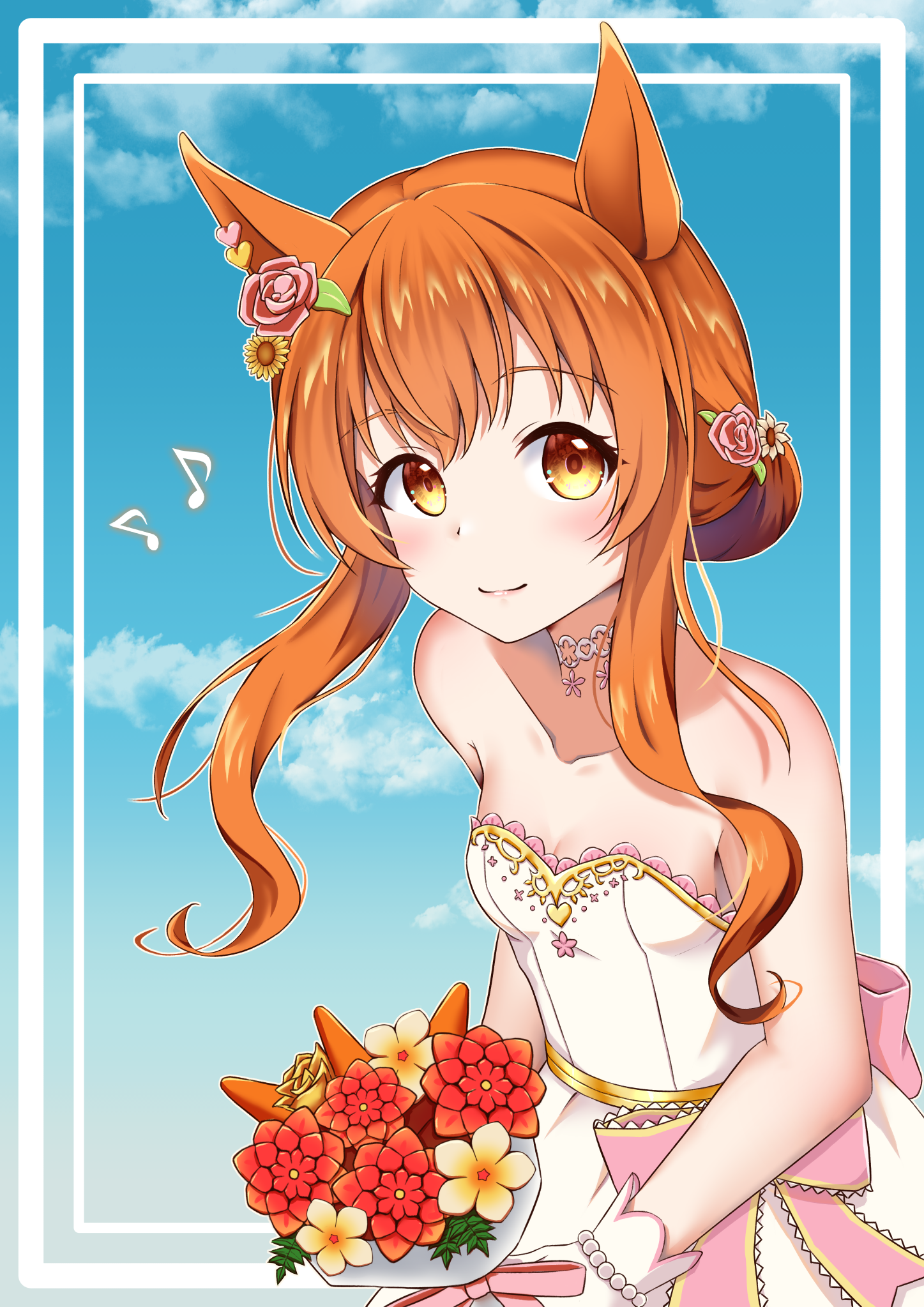 mayano top gun (sunlight bouquet) (umamusume), mayano top gun (umamusume), umamusume, commentary, highres, 1girl, animal ears, bare shoulders, blue sky, blush, border, bouquet, breasts, bride, closed mouth, cloud, collarbone, day, dress, flower, george-kishi, gloves, hair flower, hair ornament, holding, holding bouquet, horse ears, horse girl, long hair, looking at viewer, musical note, official alternate costume, orange eyes, orange flower, orange hair, orange rose, outline, pink flower, pink rose, rose, sky, small breasts, smile, solo, strapless, strapless dress, wedding dress, white border, white dress, white gloves, white outline, yellow flower