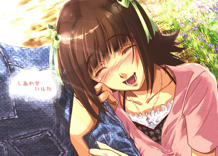amami haruka, idolmaster, idolmaster (classic), idolmaster 1, translated, 00s, blush, brown hair, closed eyes, grass, jewelry, necklace, short hair, smile, solo