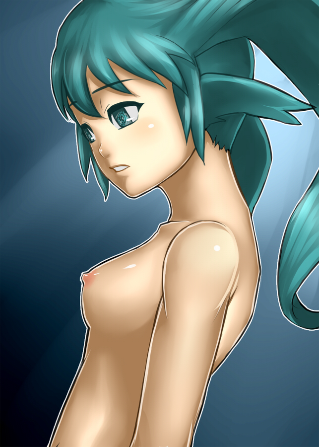kuro kuroku, solty revant, solty rei, 00s, 1girl, aqua eyes, aqua hair, breasts, female focus, green eyes, green hair, matching hair/eyes, medium breasts, nipples, nude, solo